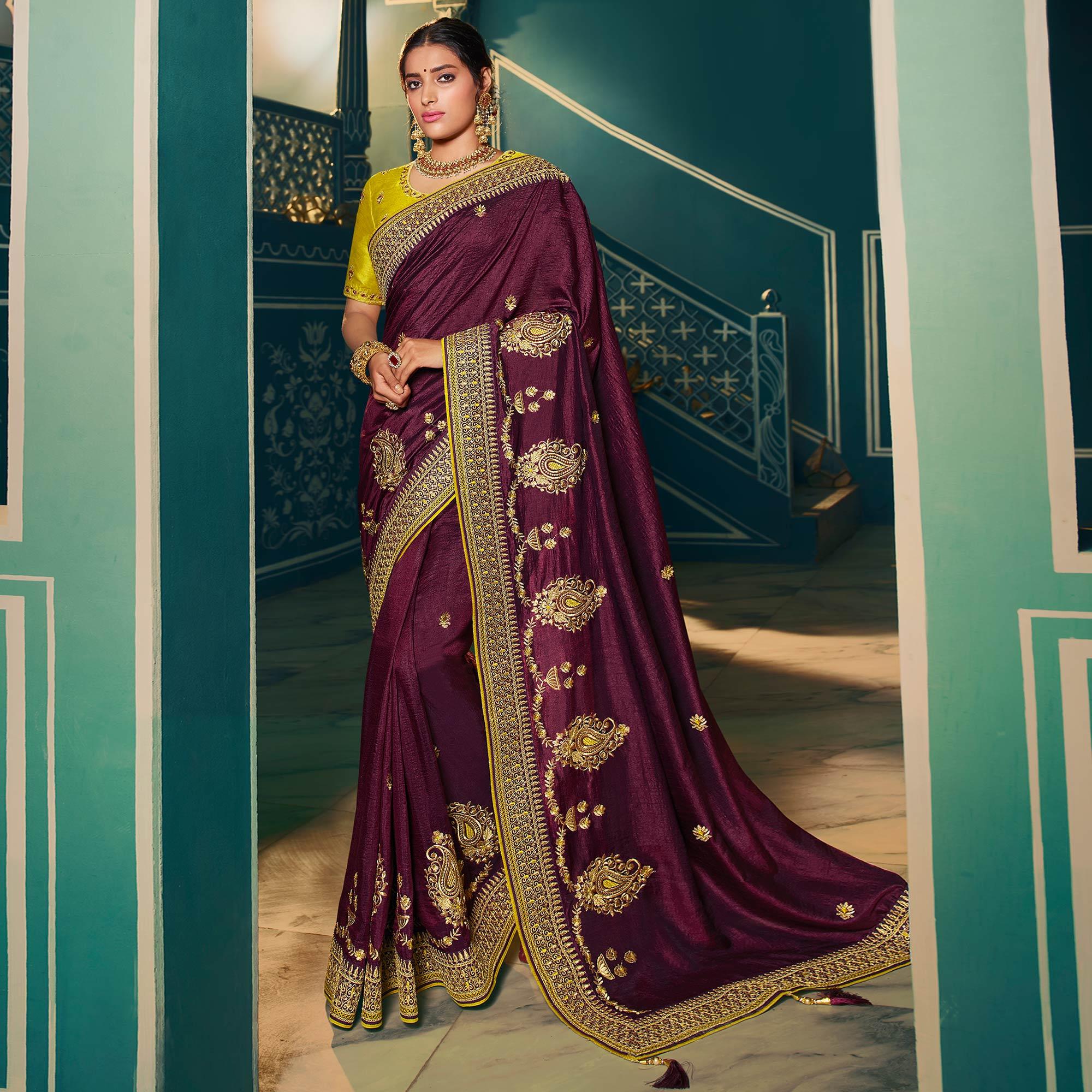 Purple Festive Wear Embroidered Silk Saree - Peachmode