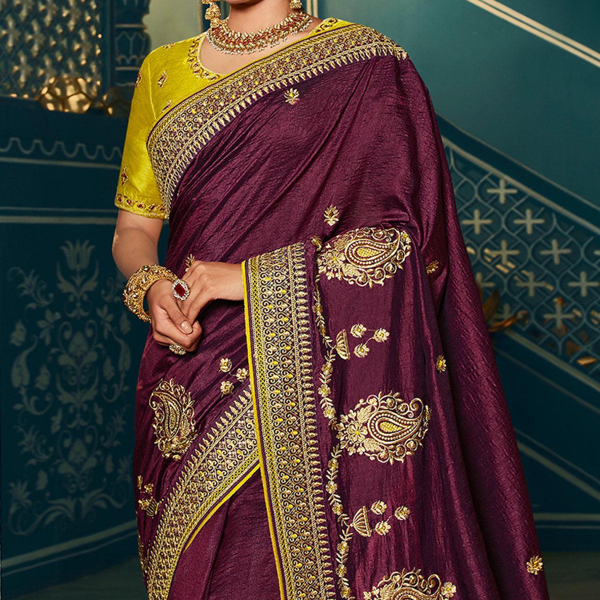 Purple Festive Wear Embroidered Silk Saree - Peachmode