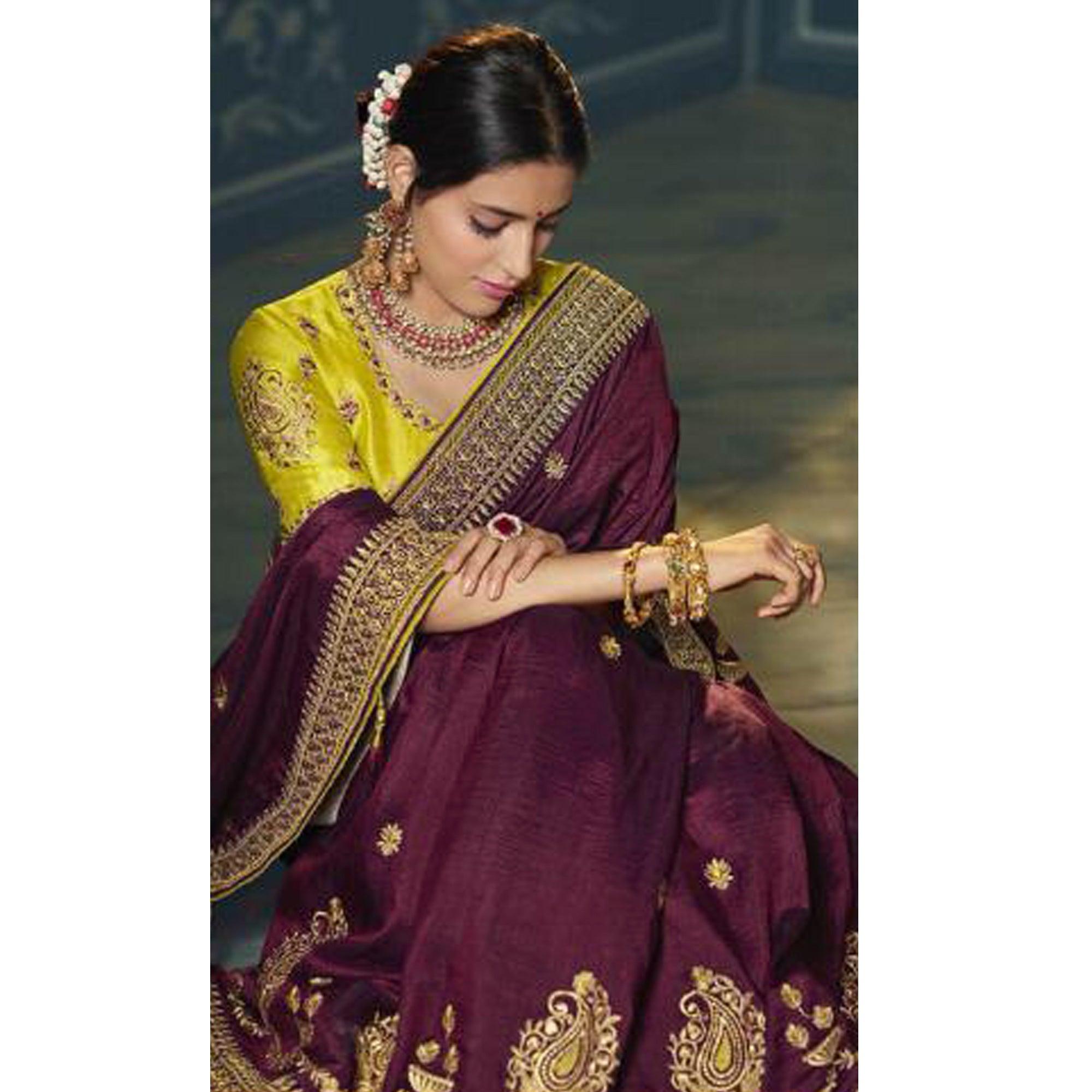 Purple Festive Wear Embroidered Silk Saree - Peachmode