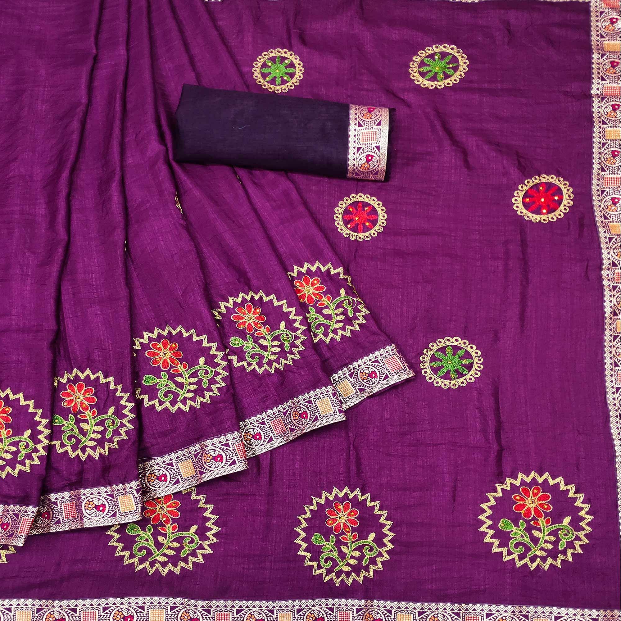 Purple Festive Wear Embroidered With Embellished Vichitra Silk Saree - Peachmode
