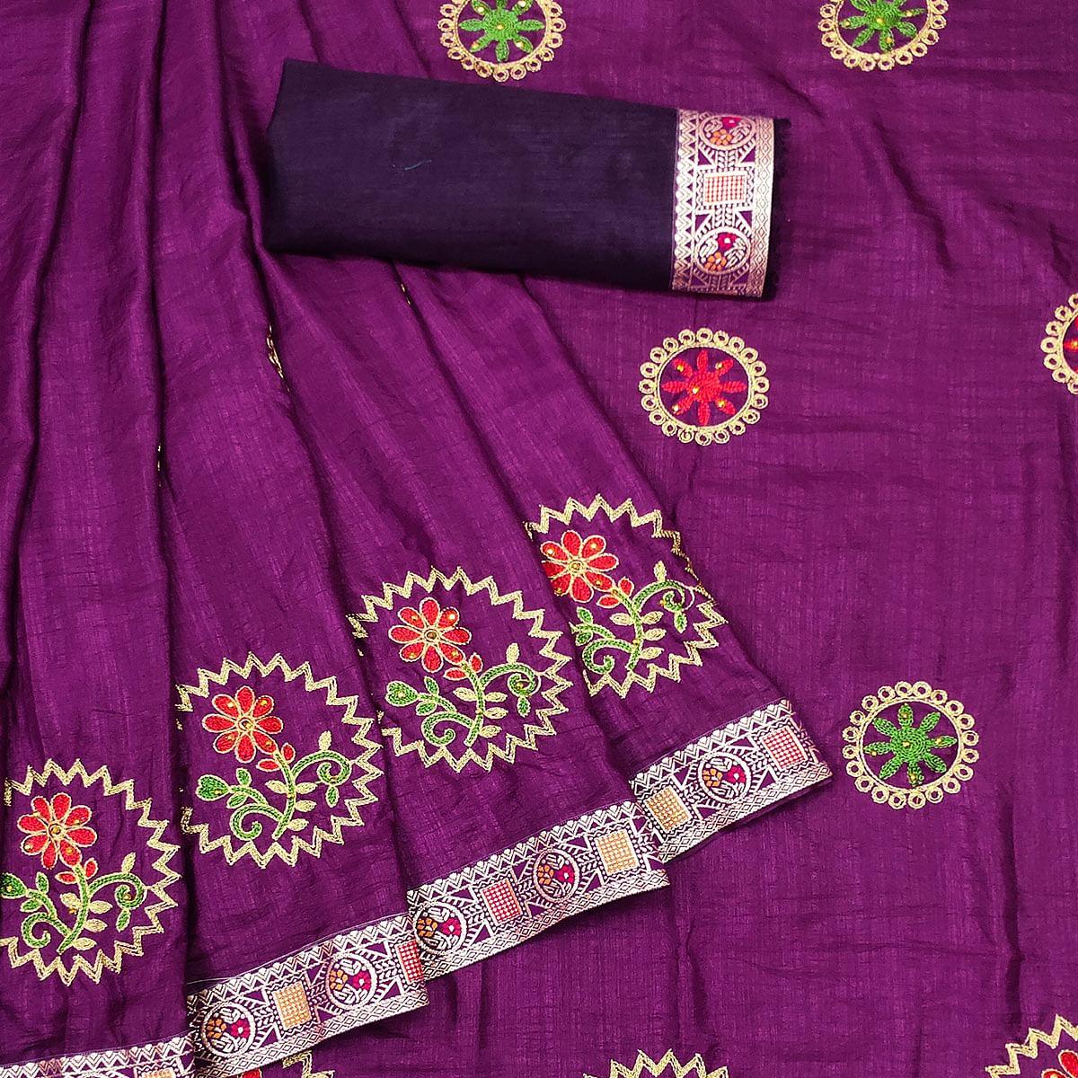 Purple Festive Wear Embroidered With Embellished Vichitra Silk Saree - Peachmode