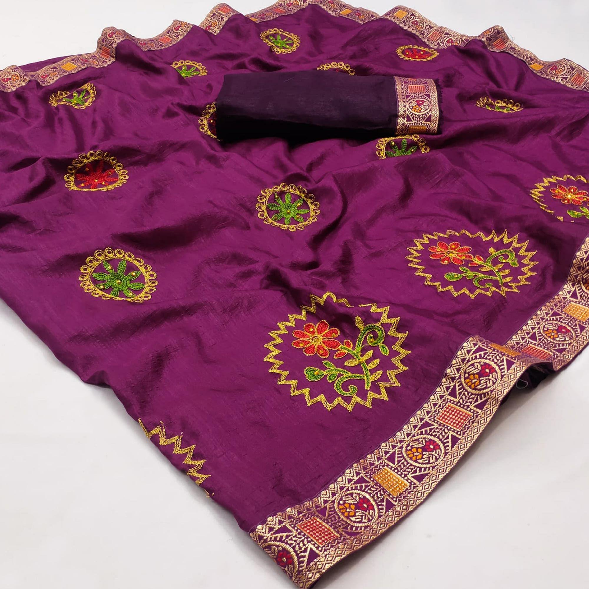 Purple Festive Wear Embroidered With Embellished Vichitra Silk Saree - Peachmode