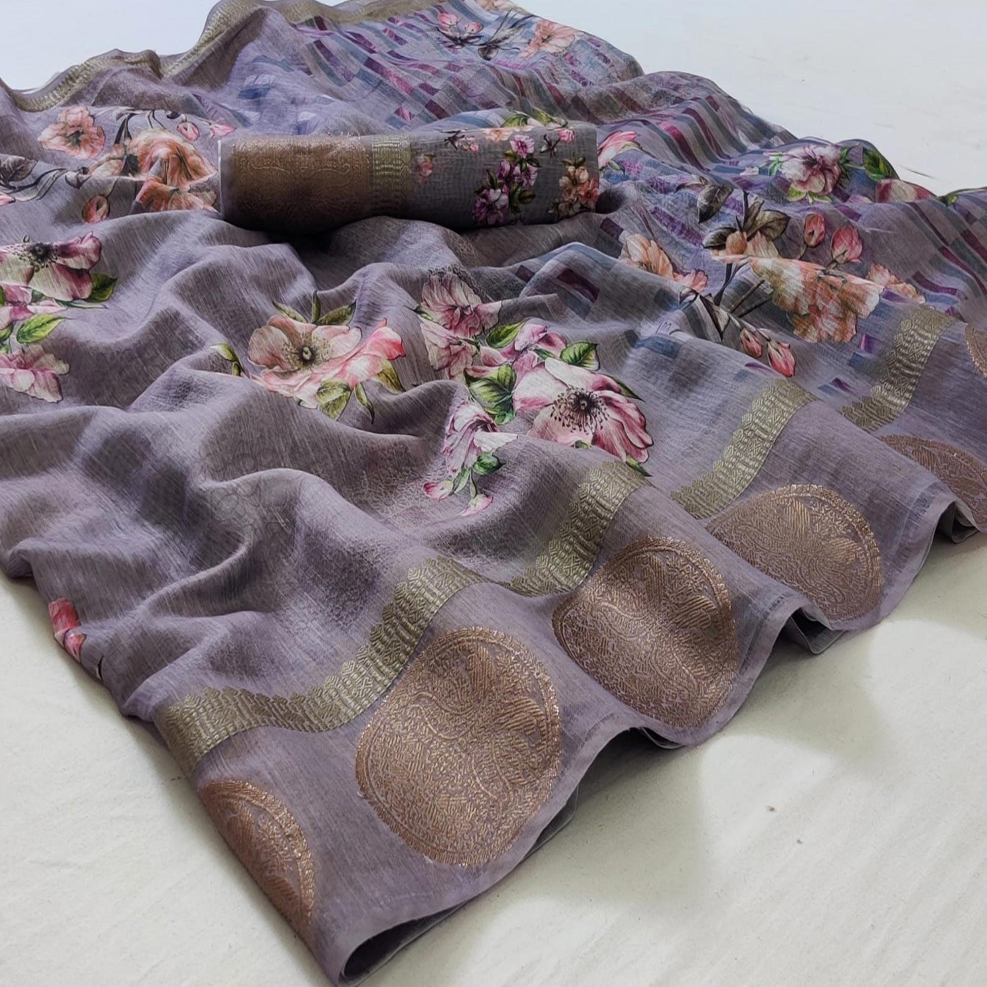 Purple Festive Wear Floral Digital Printed Woven Zari Border Handloom Banarasi Silk Saree - Peachmode