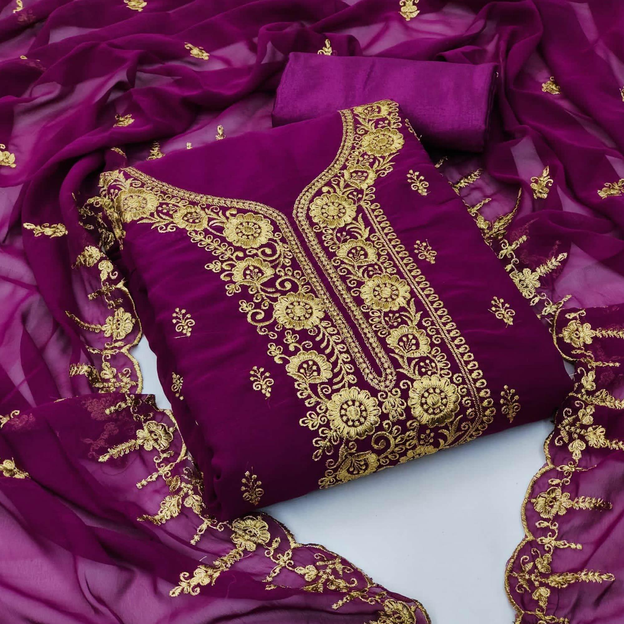 Purple Festive Wear Floral Embroidered Georgette Dress Material - Peachmode