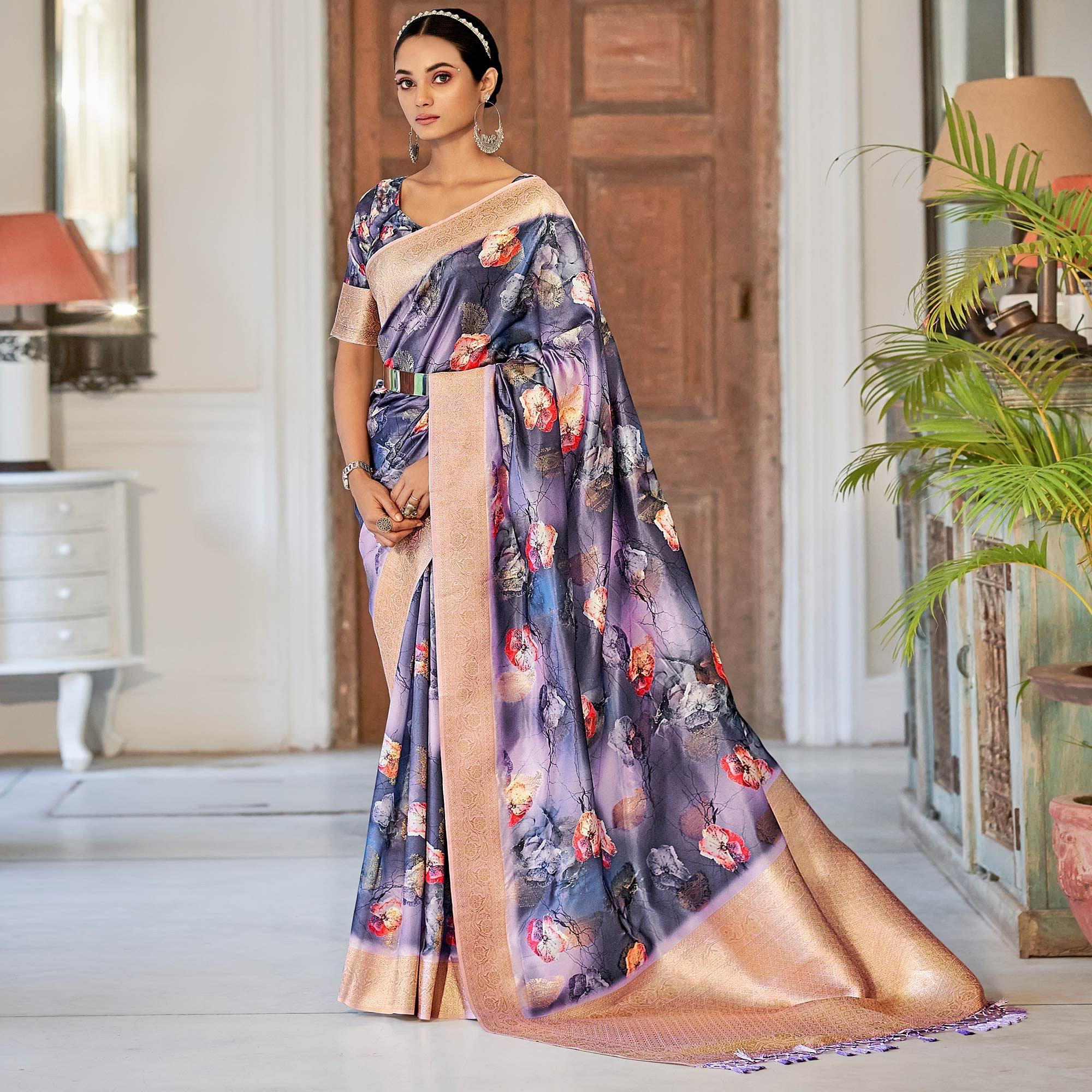 Purple Festive Wear Floral Printed With Woven With Woven Jacquard Saree - Peachmode