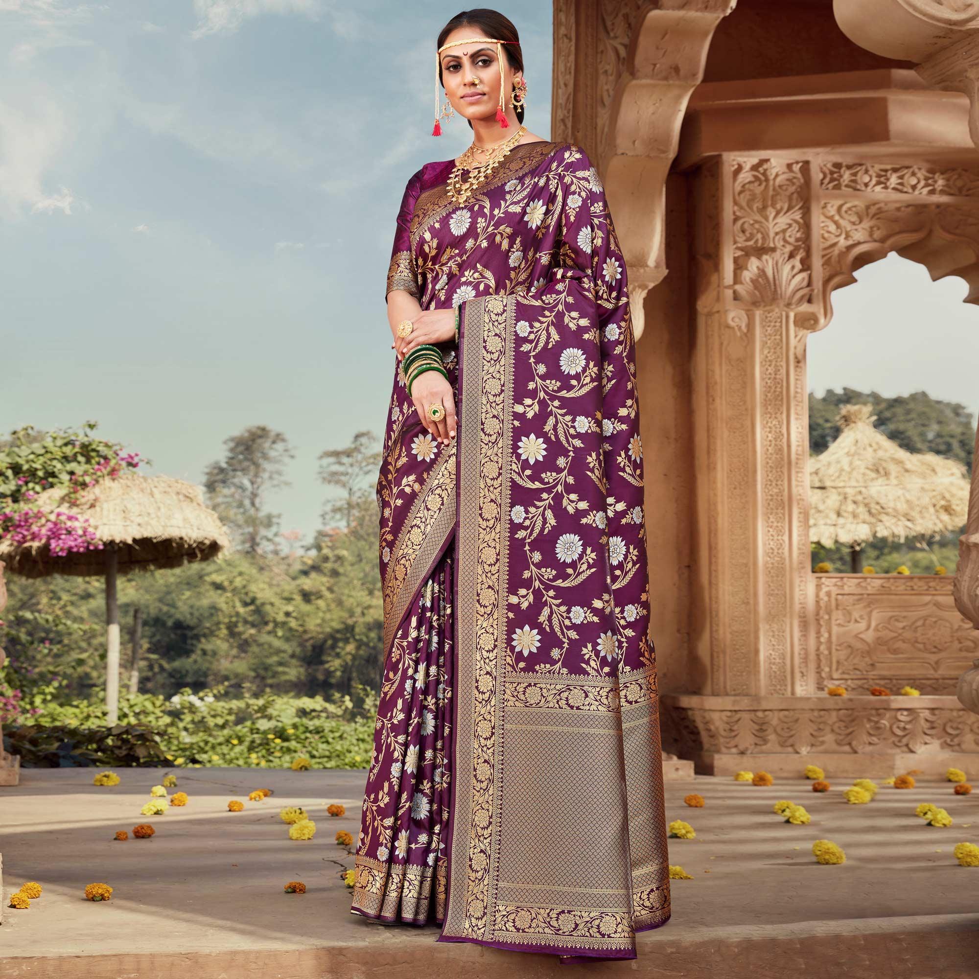Purple Festive Wear Floral Woven Banarasi Silk Saree - Peachmode