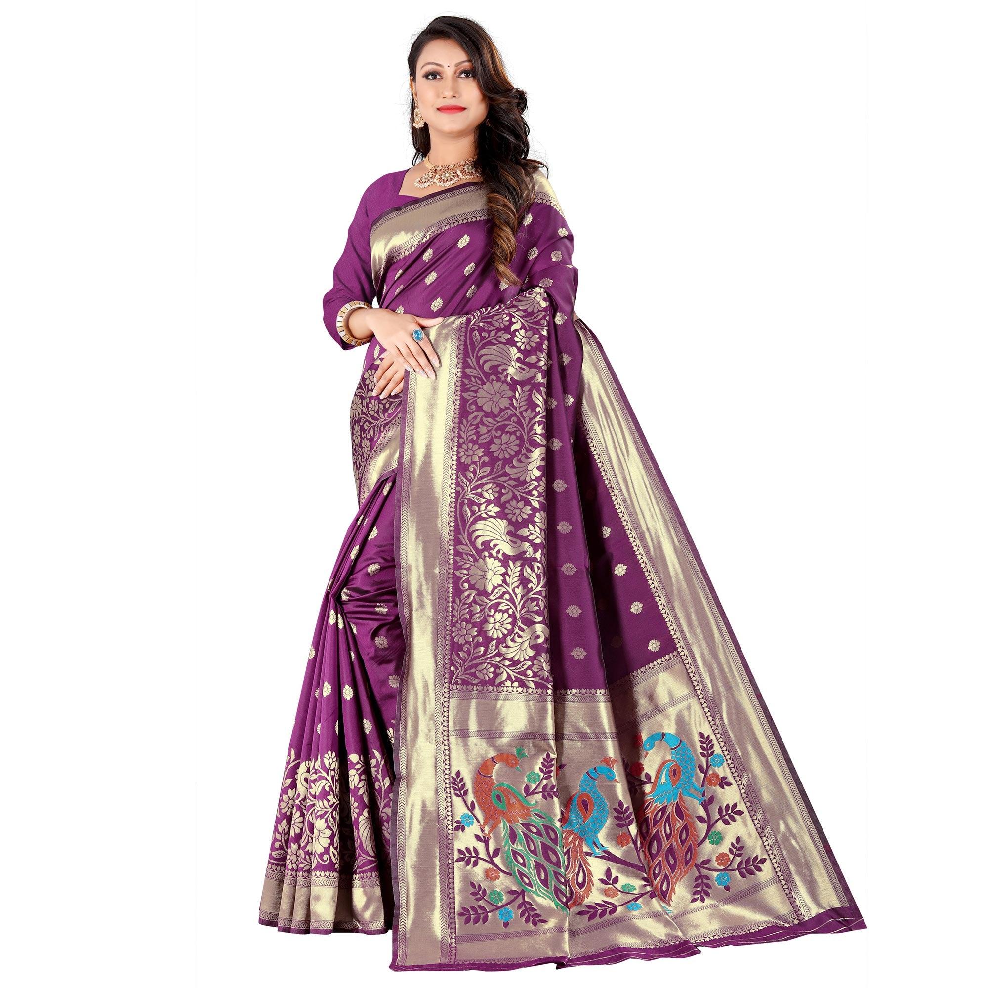 Purple Festive Wear Floral Woven Banarasi Silk Saree - Peachmode