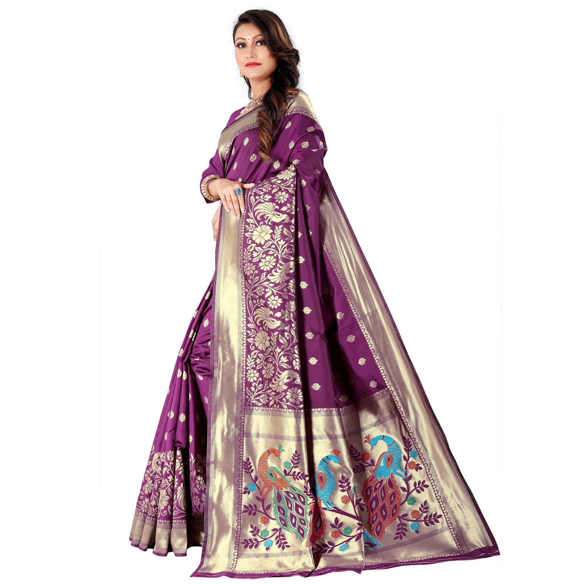 Purple Festive Wear Floral Woven Banarasi Silk Saree - Peachmode