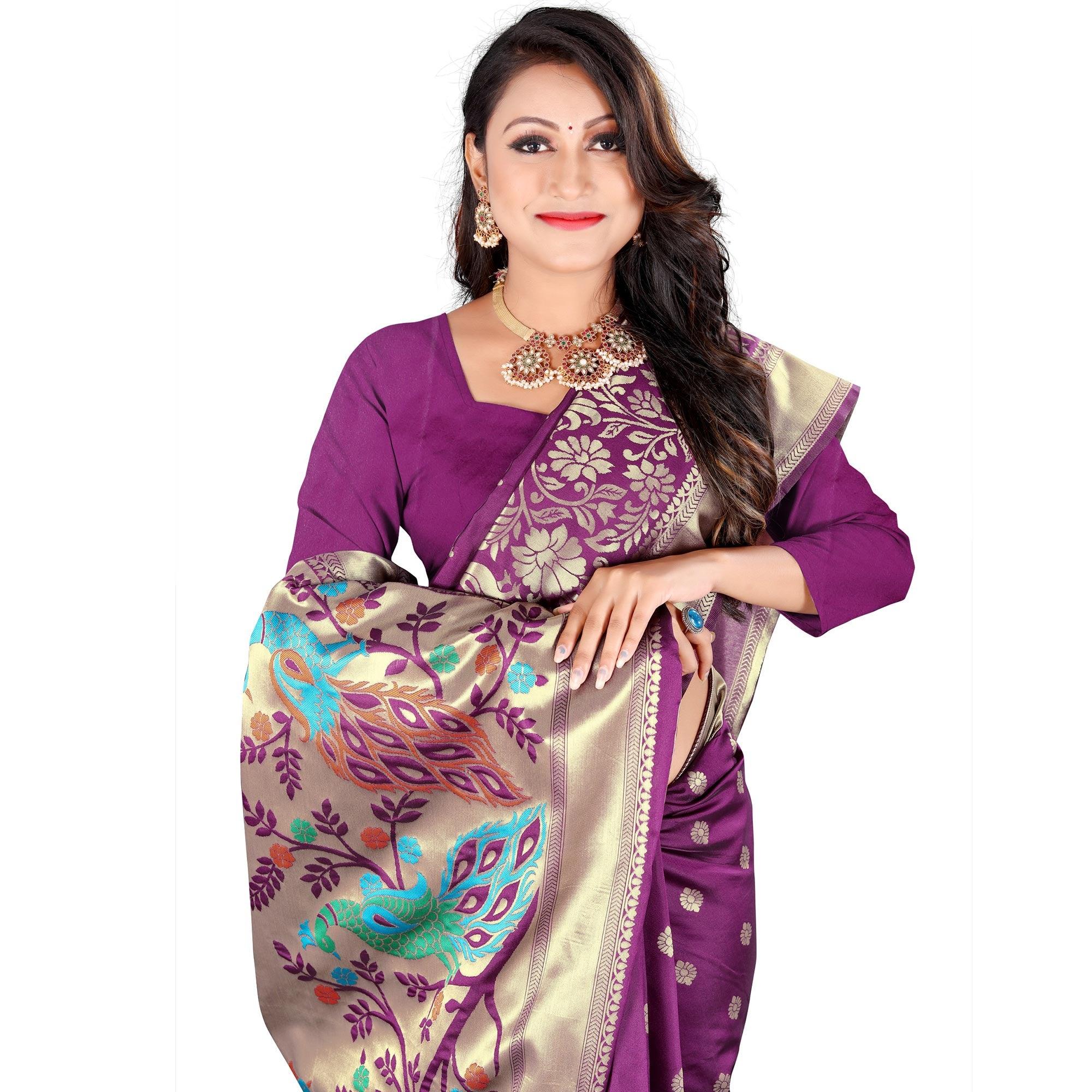 Purple Festive Wear Floral Woven Banarasi Silk Saree - Peachmode