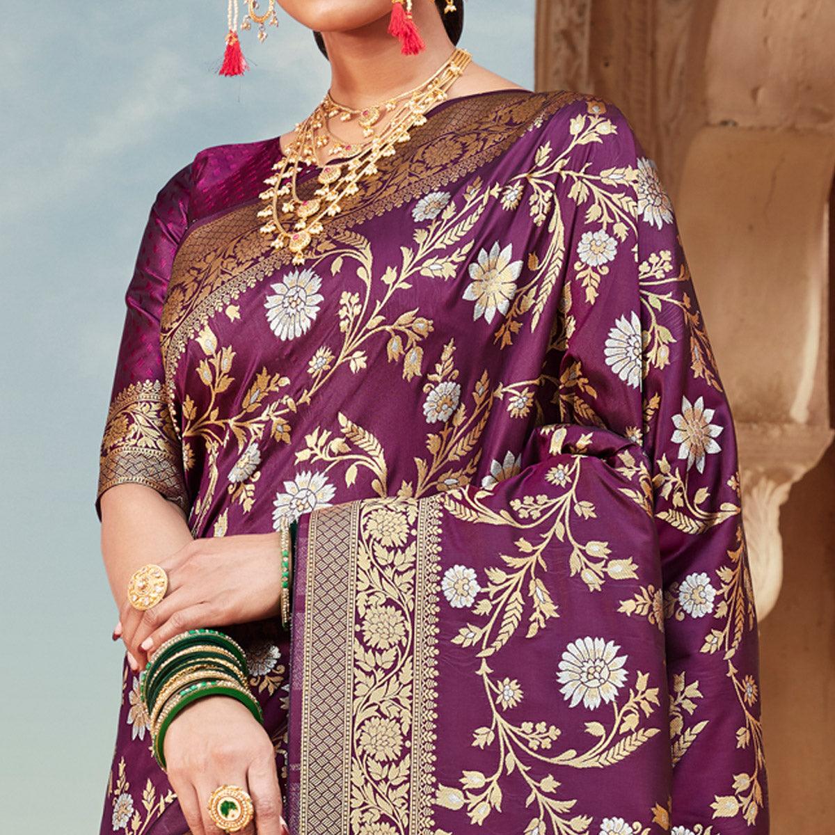 Purple Festive Wear Floral Woven Banarasi Silk Saree - Peachmode