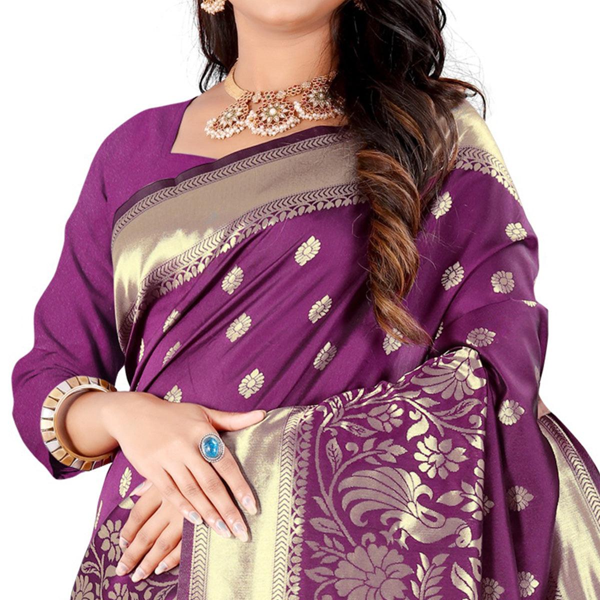 Purple Festive Wear Floral Woven Banarasi Silk Saree - Peachmode