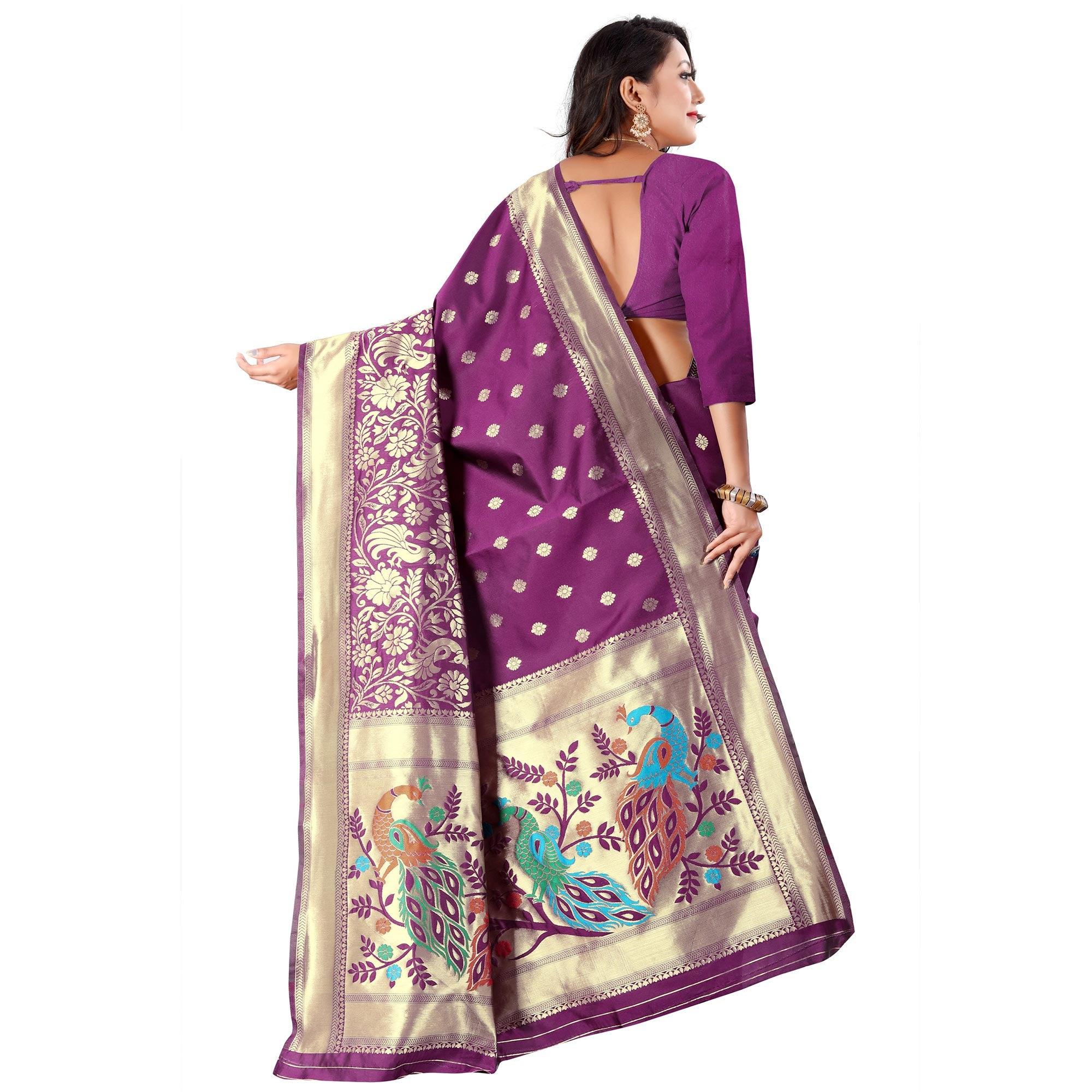 Purple Festive Wear Floral Woven Banarasi Silk Saree - Peachmode