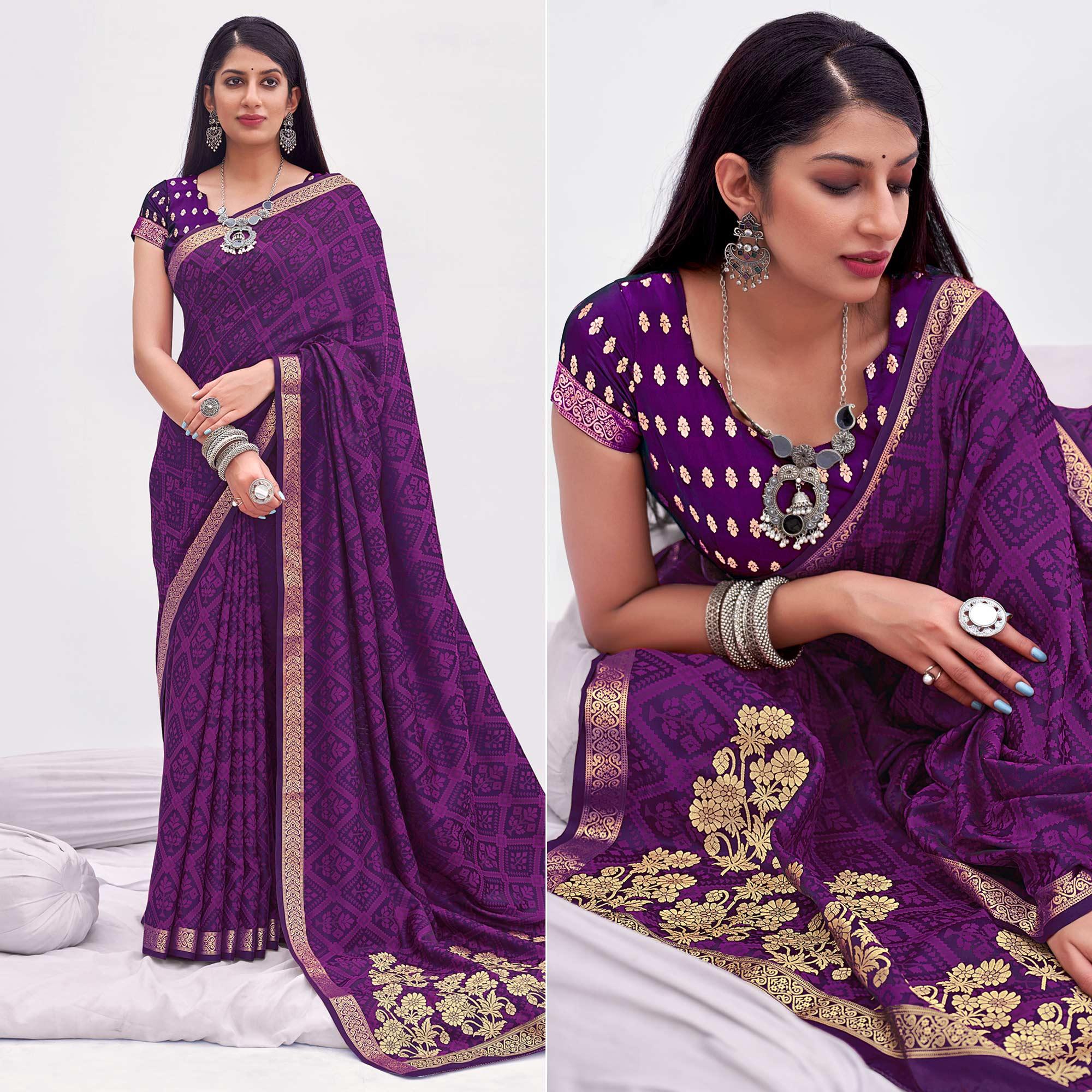 Purple Festive Wear Floral Woven Silk Saree - Peachmode