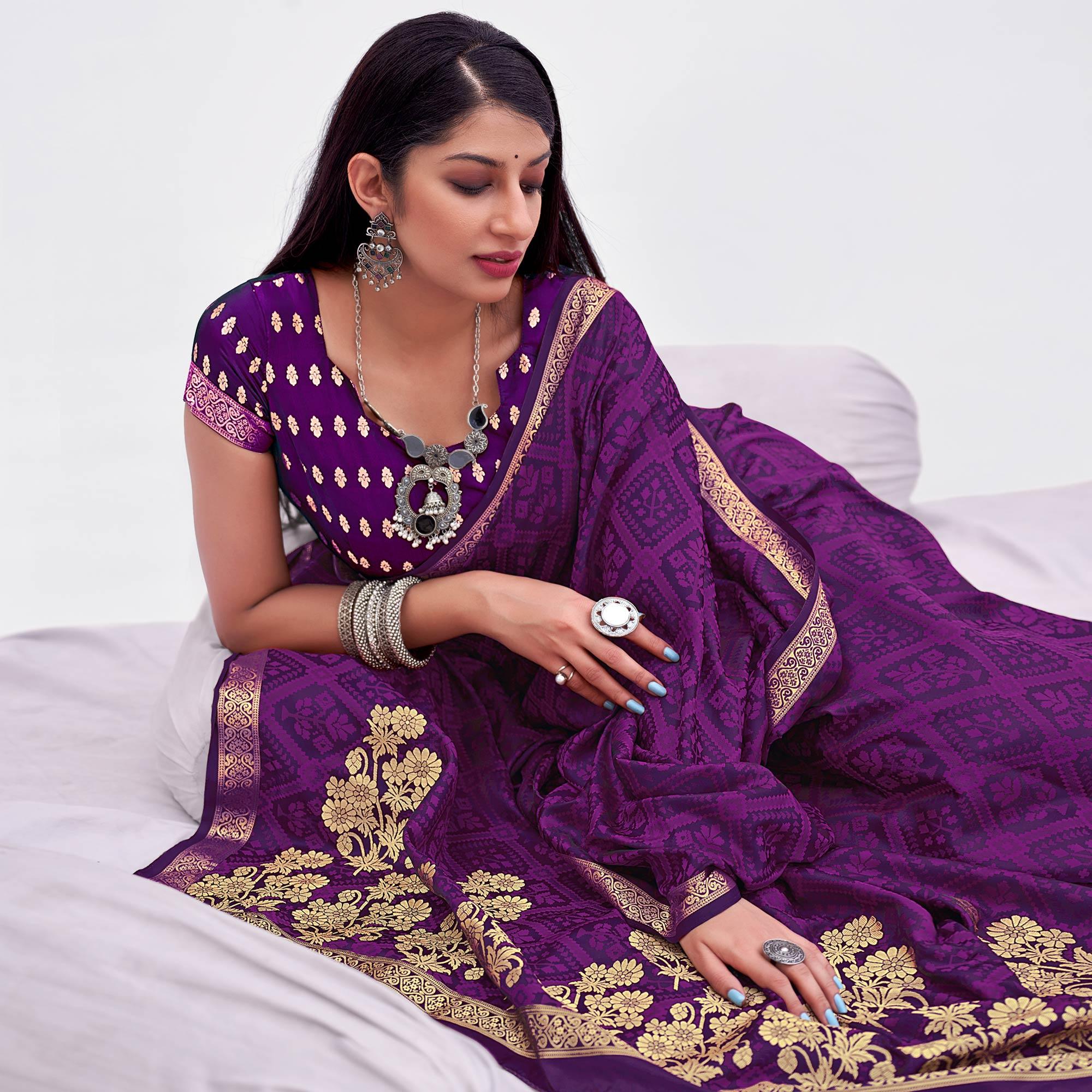 Purple Festive Wear Floral Woven Silk Saree - Peachmode