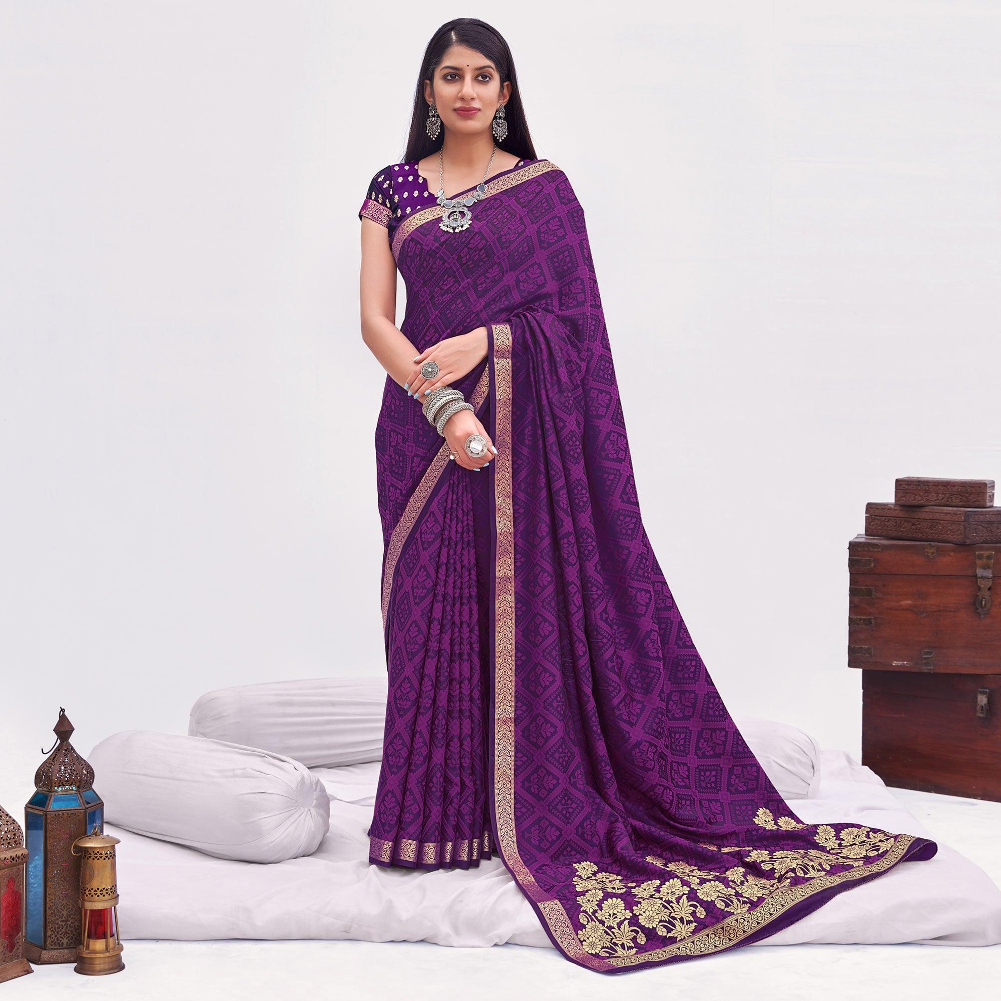 Purple Festive Wear Floral Woven Silk Saree - Peachmode