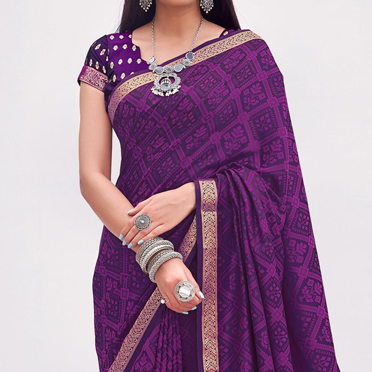 Purple Festive Wear Floral Woven Silk Saree - Peachmode