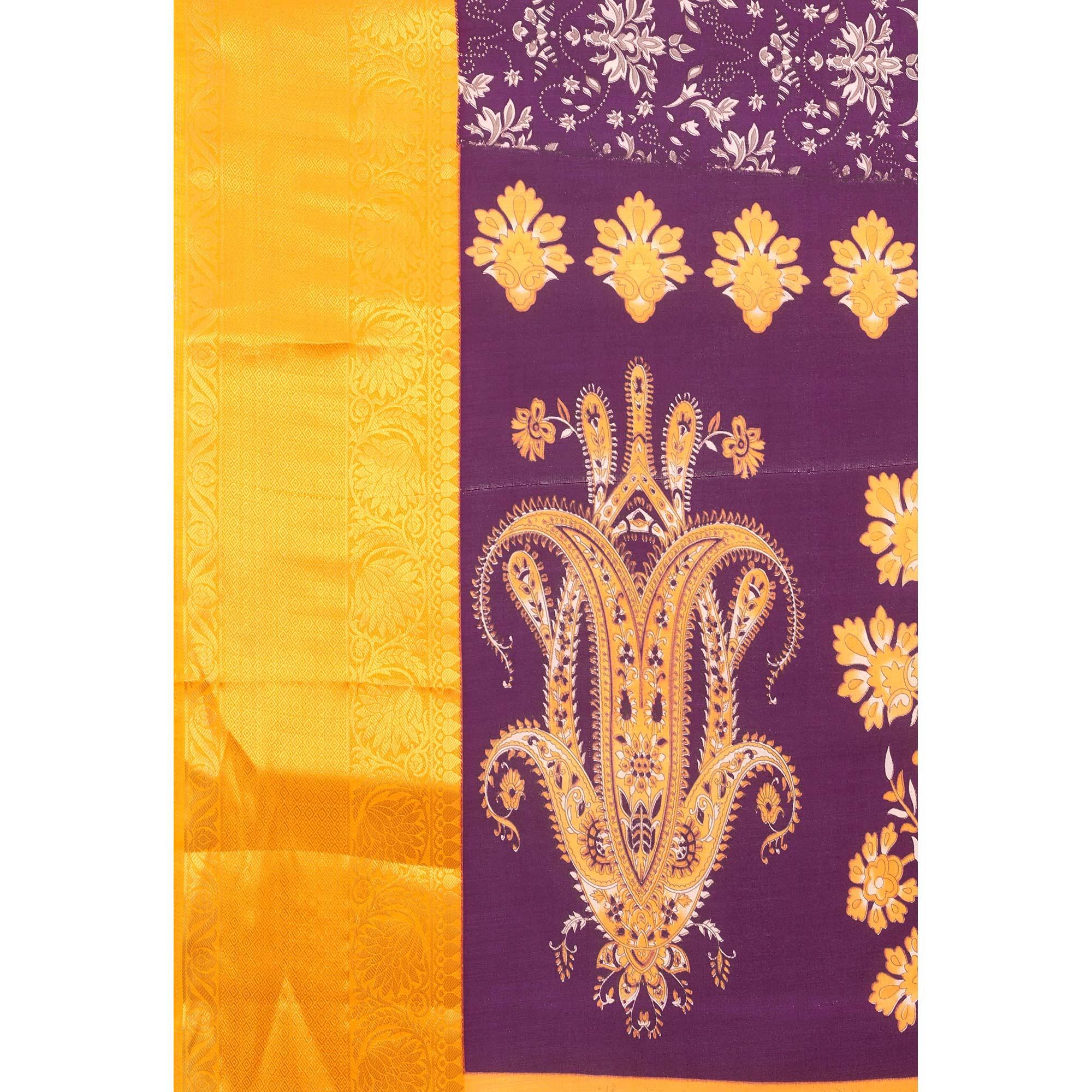 Purple Festive Wear Kalamkari Printed Chanderi Silk Saree With Zari Weaving Border - Peachmode