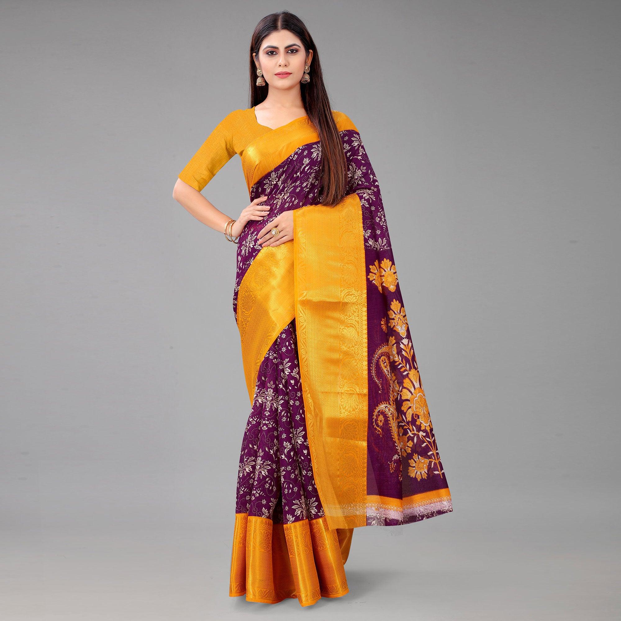 Purple Festive Wear Kalamkari Printed Chanderi Silk Saree With Zari Weaving Border - Peachmode