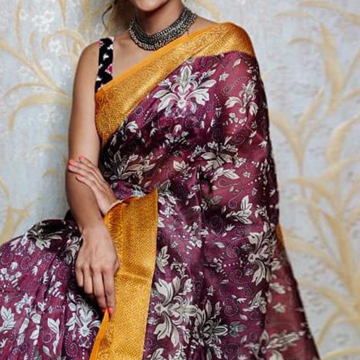 Purple Festive Wear Kalamkari Printed Chanderi Silk Saree With Zari Weaving Border - Peachmode