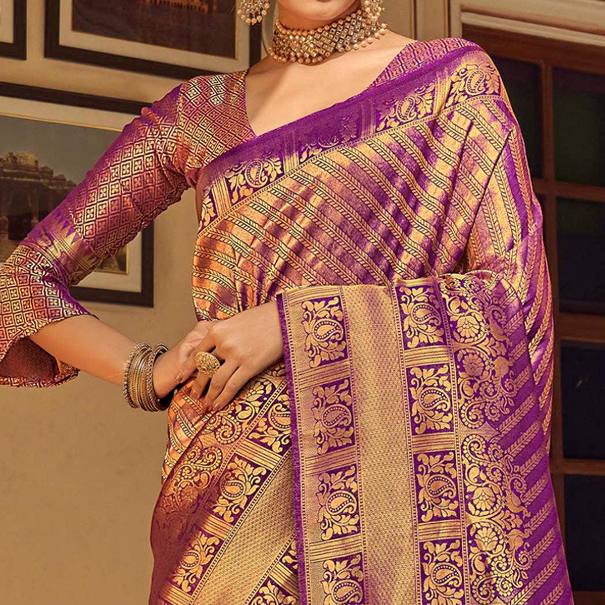Purple Festive Wear Kanjivaram Blended Silk Saree With Tassels - Peachmode