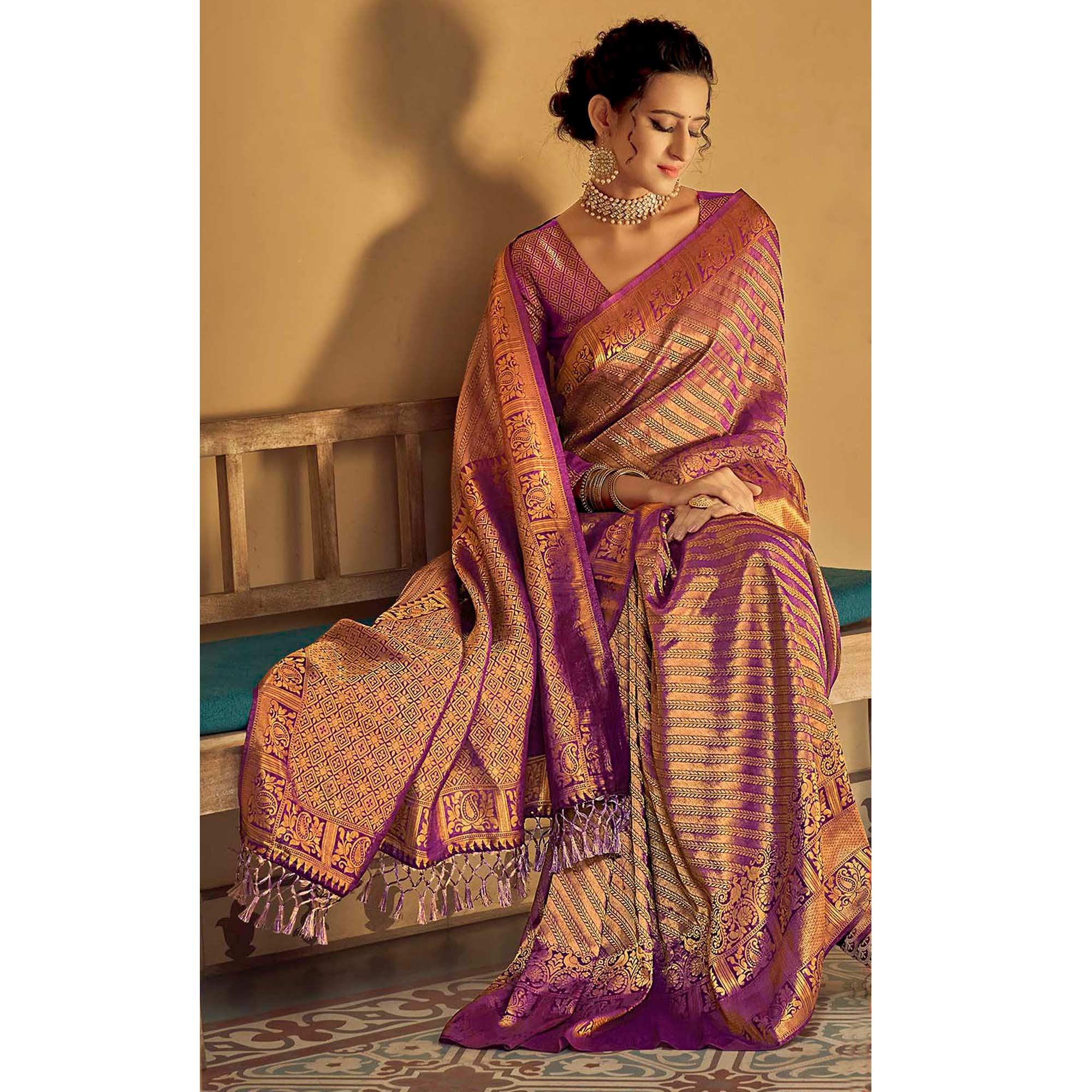 Purple Festive Wear Kanjivaram Blended Silk Saree With Tassels - Peachmode