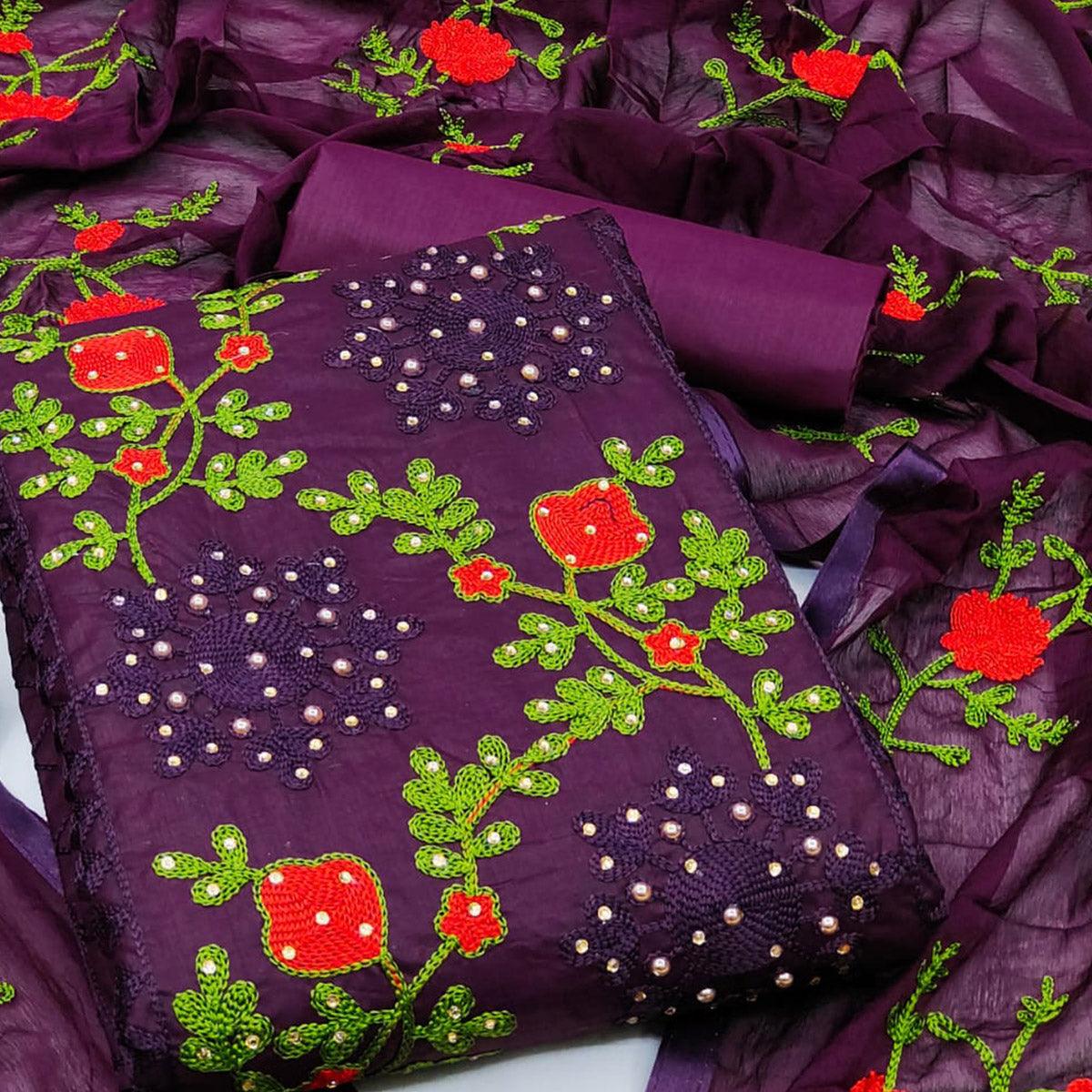 Purple Festive Wear Pearl Work Embroidered Cotton Dress Material - Peachmode
