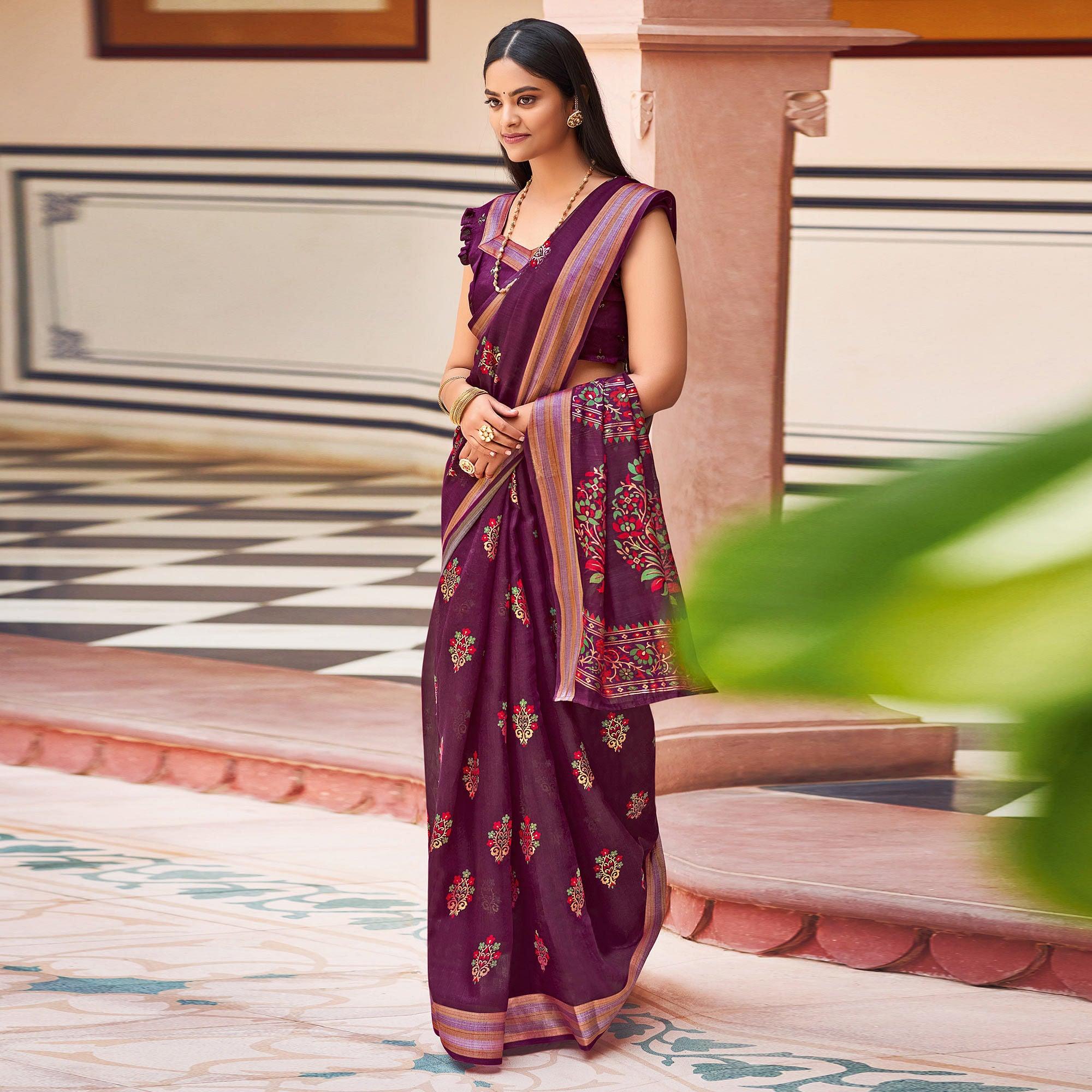 Purple Festive Wear Printed Chanderi Silk Saree - Peachmode