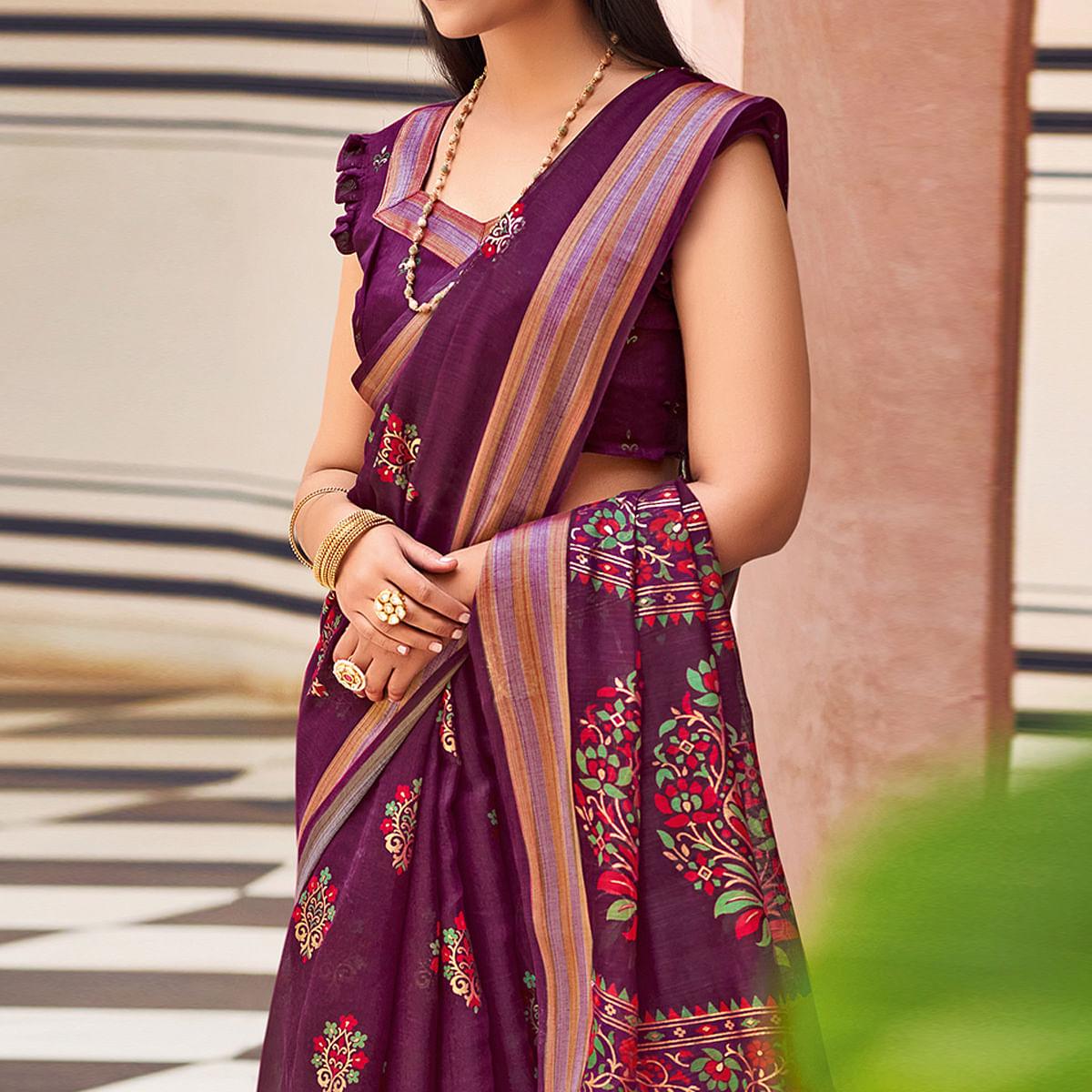 Purple Festive Wear Printed Chanderi Silk Saree - Peachmode