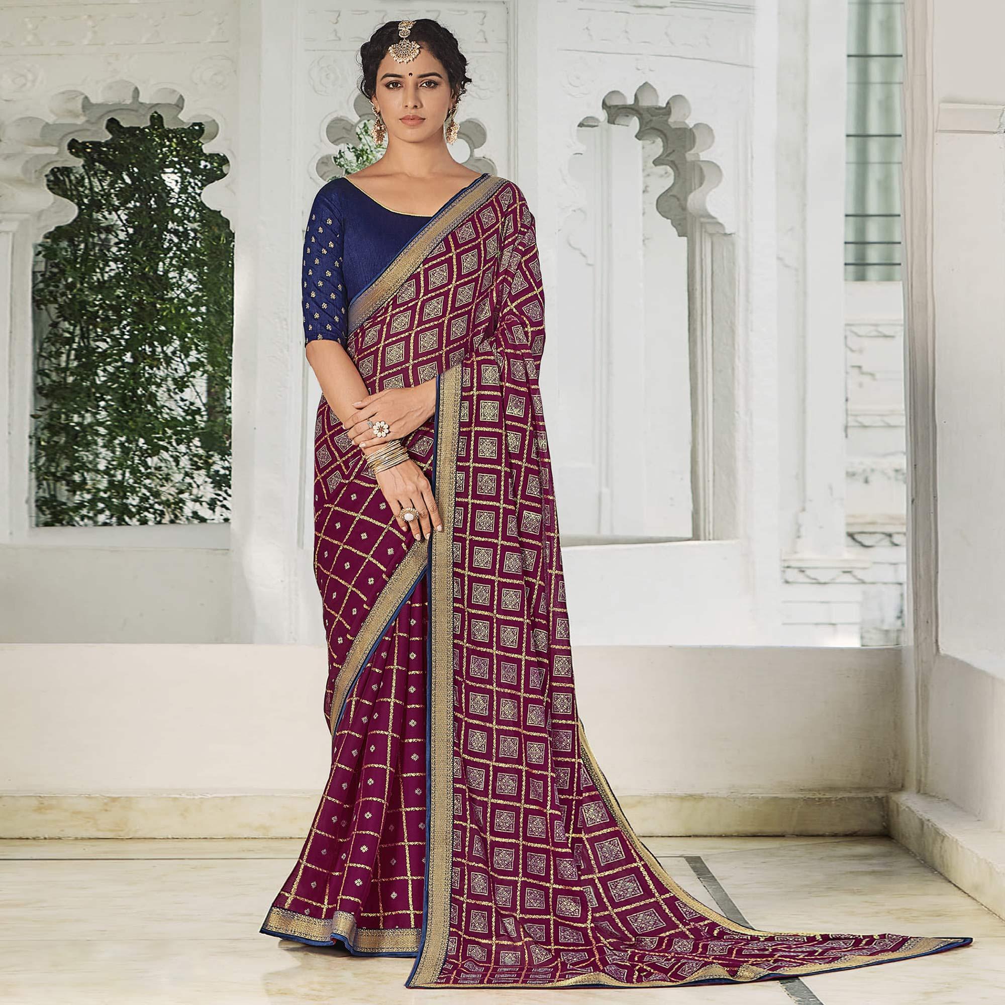 Purple Festive Wear Printed Chiffon Saree - Peachmode