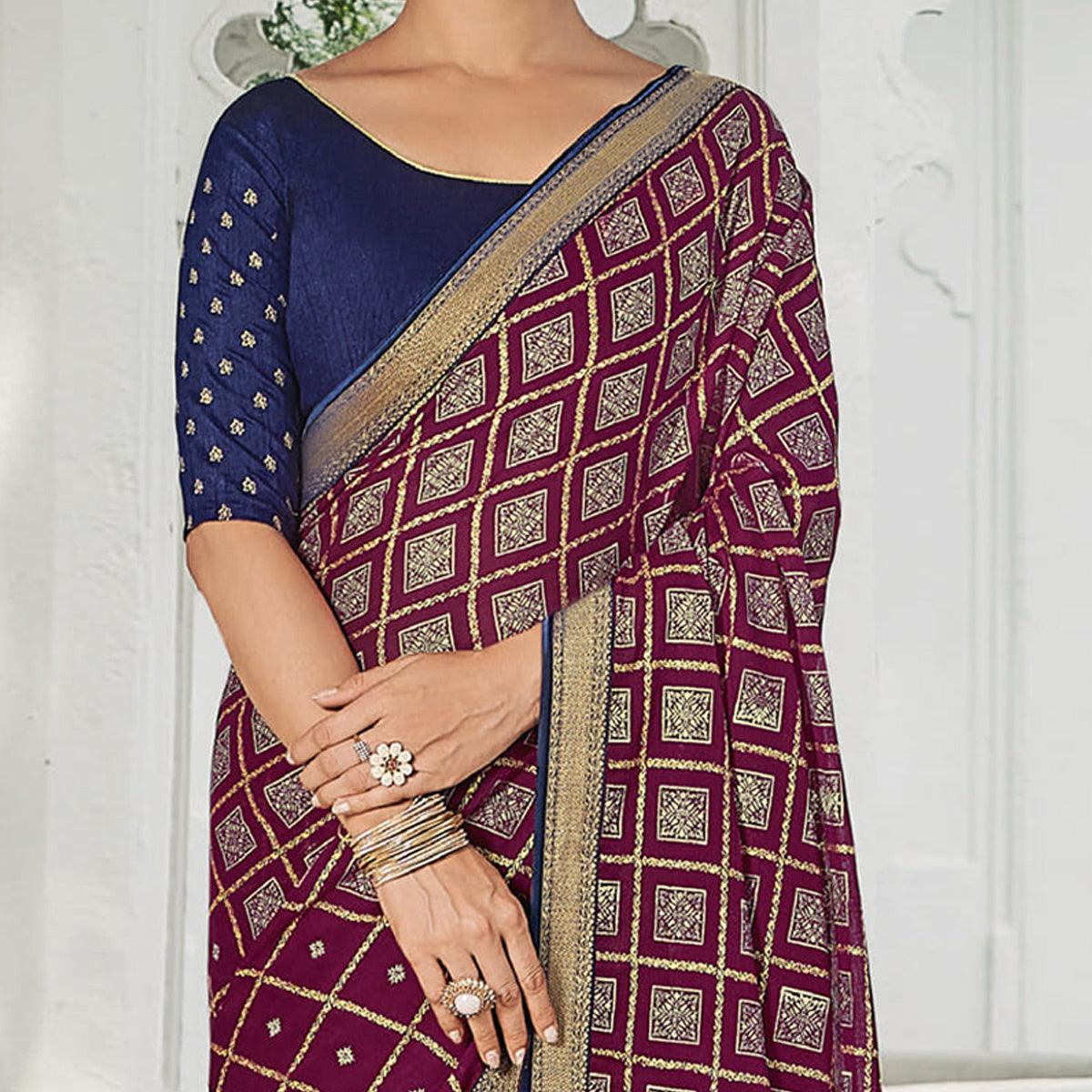 Purple Festive Wear Printed Chiffon Saree - Peachmode