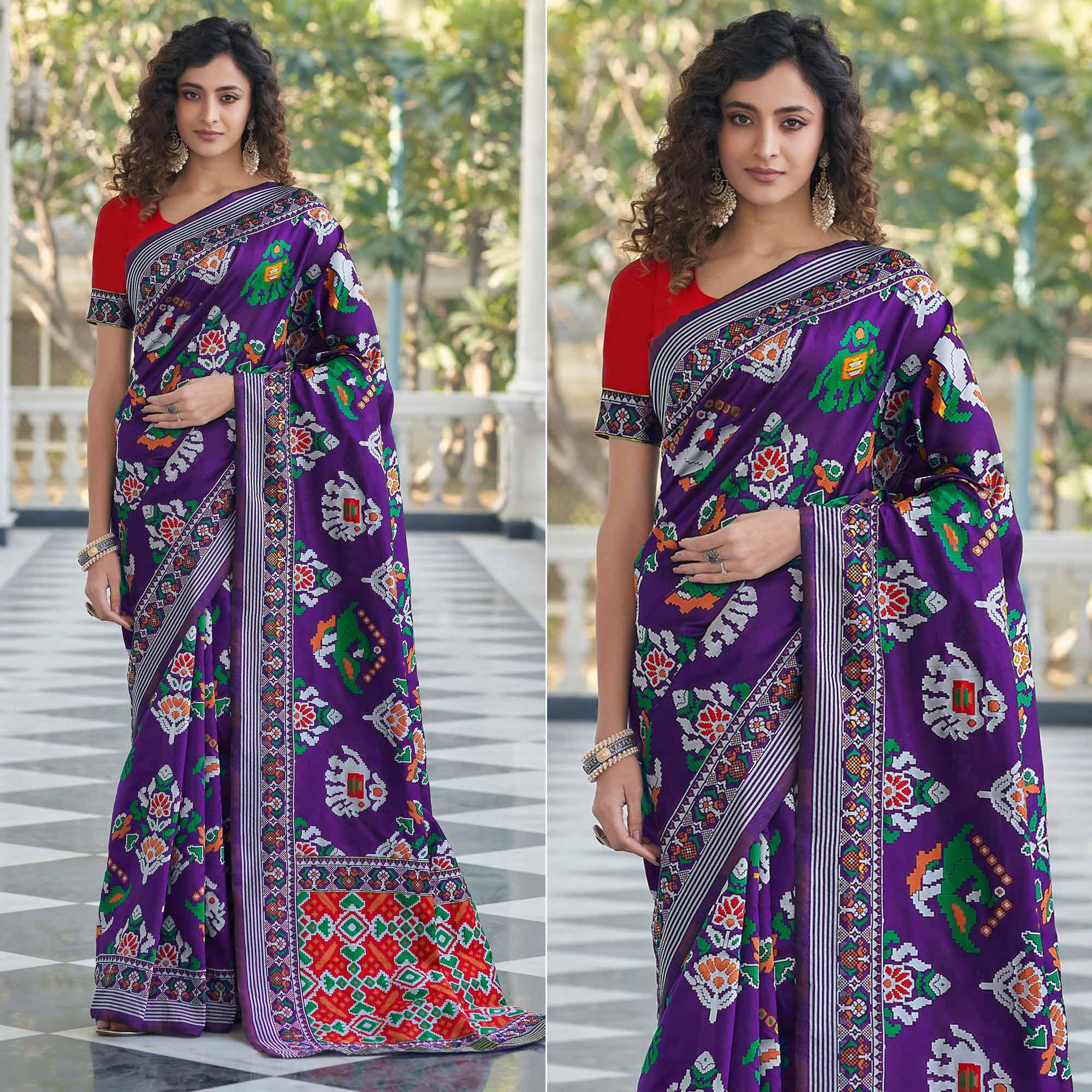 Purple Festive Wear Printed With Weaving Patola Silk Saree - Peachmode