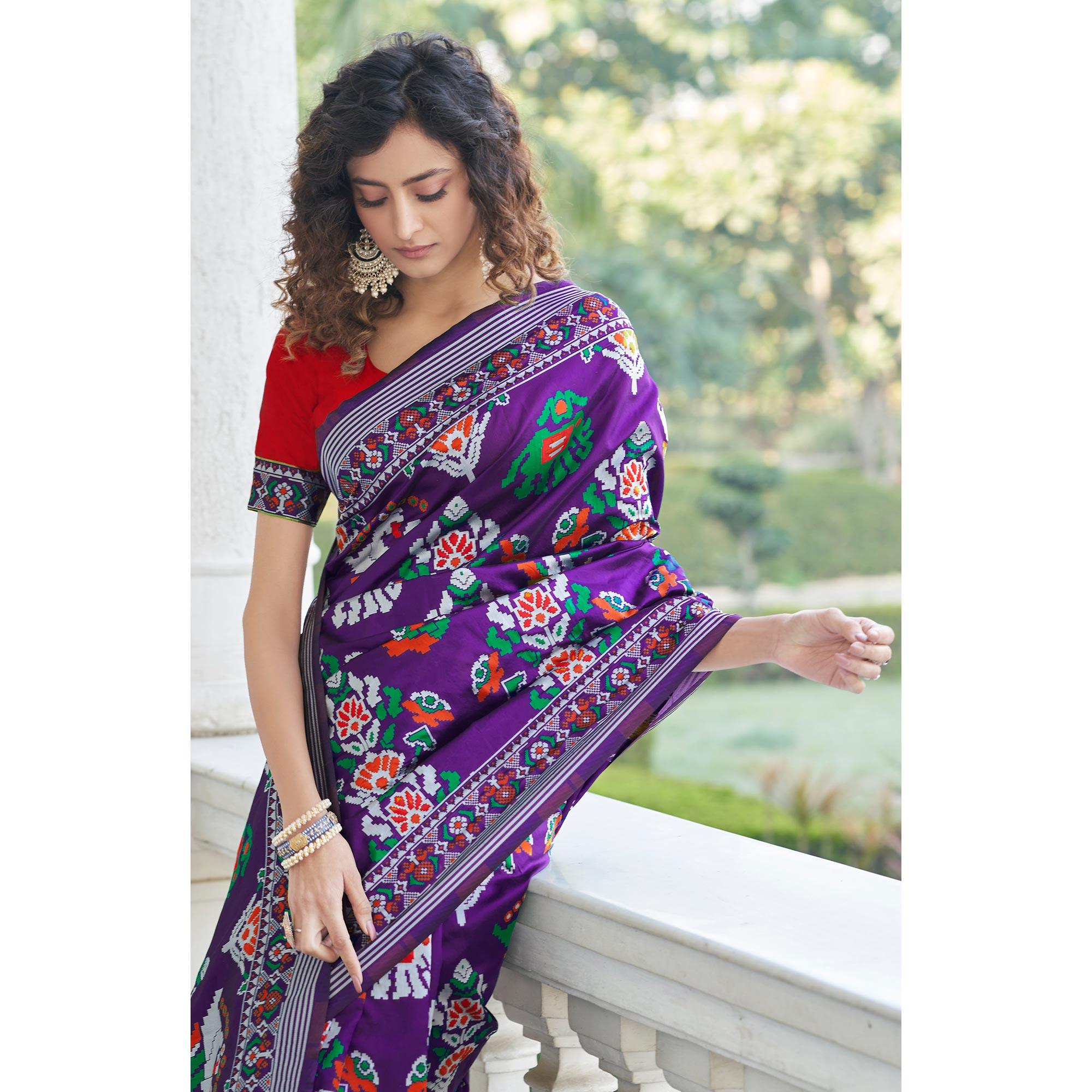 Purple Festive Wear Printed With Weaving Patola Silk Saree - Peachmode