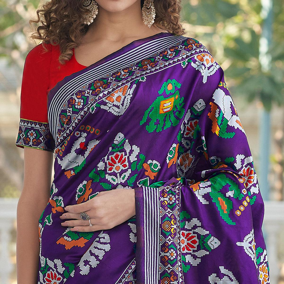 Purple Festive Wear Printed With Weaving Patola Silk Saree - Peachmode