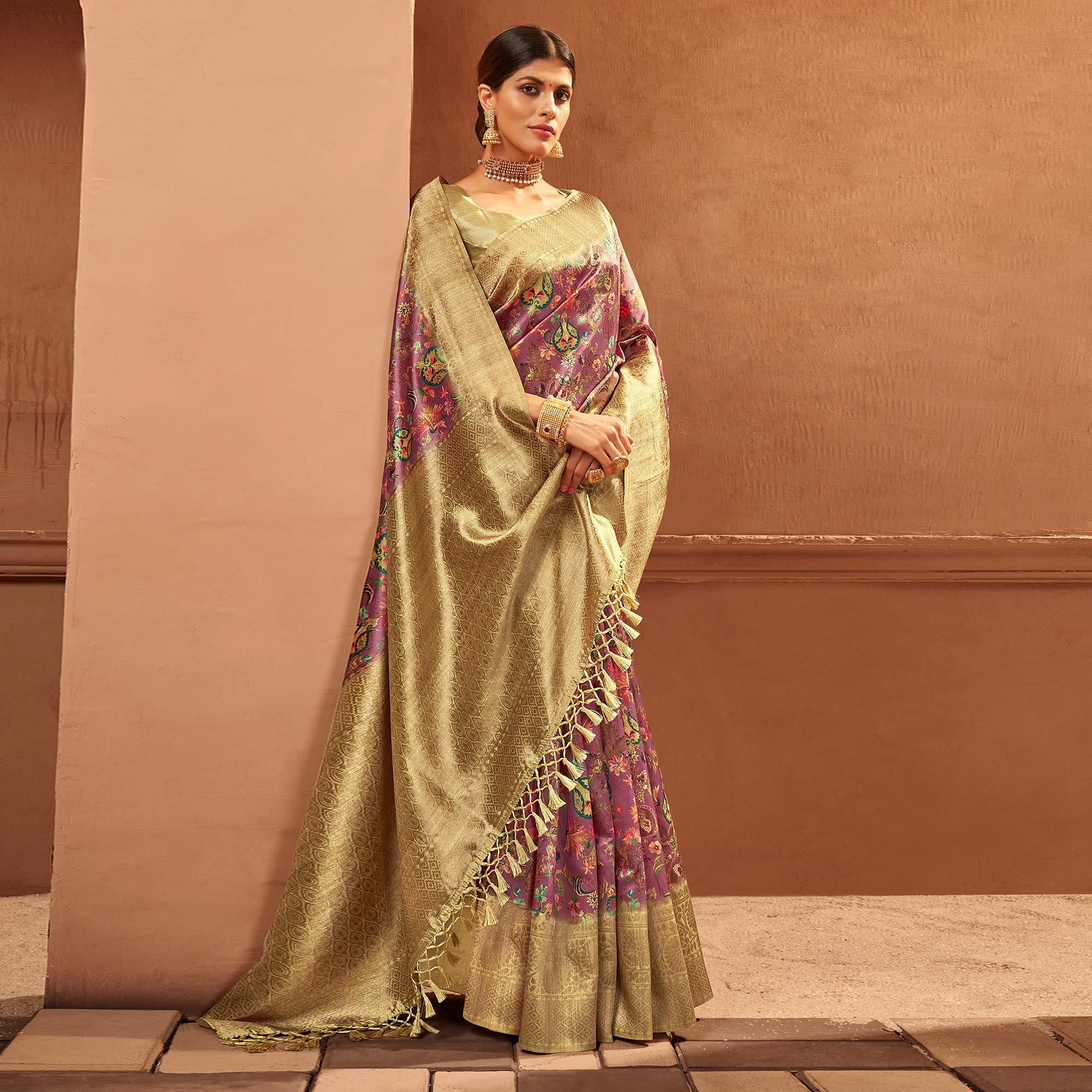 Purple Festive Wear Pure Digital Prints Jacquard Silk Saree - Peachmode