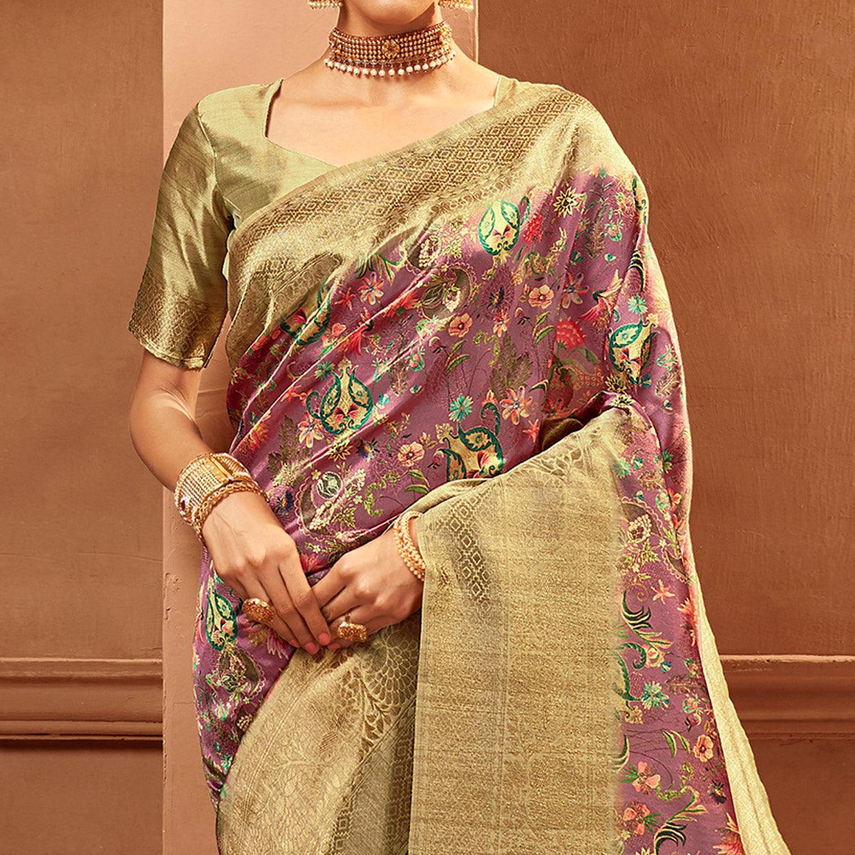 Purple Festive Wear Pure Digital Prints Jacquard Silk Saree - Peachmode