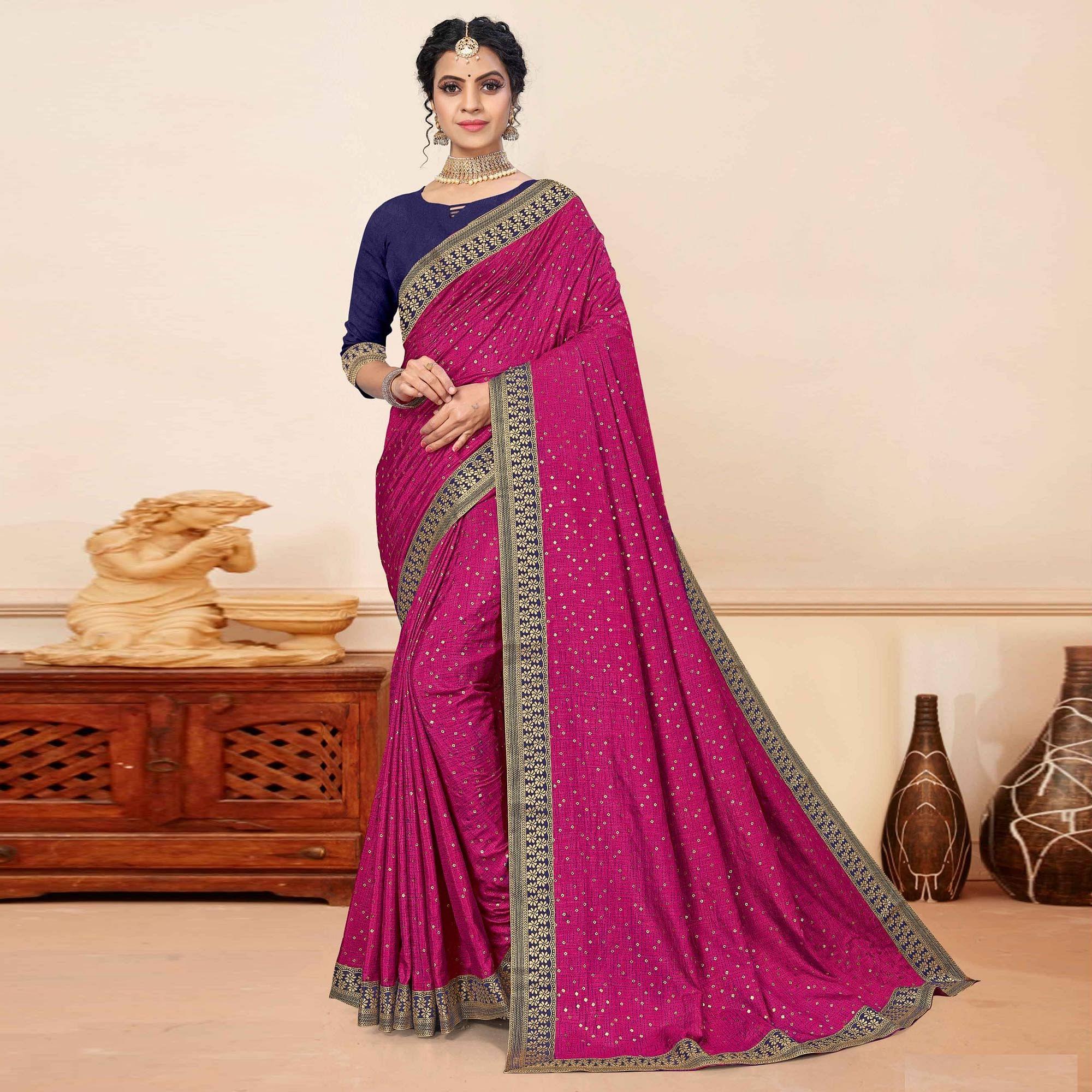 Purple Festive Wear Sequence Embroidered Vichitra Silk Saree - Peachmode