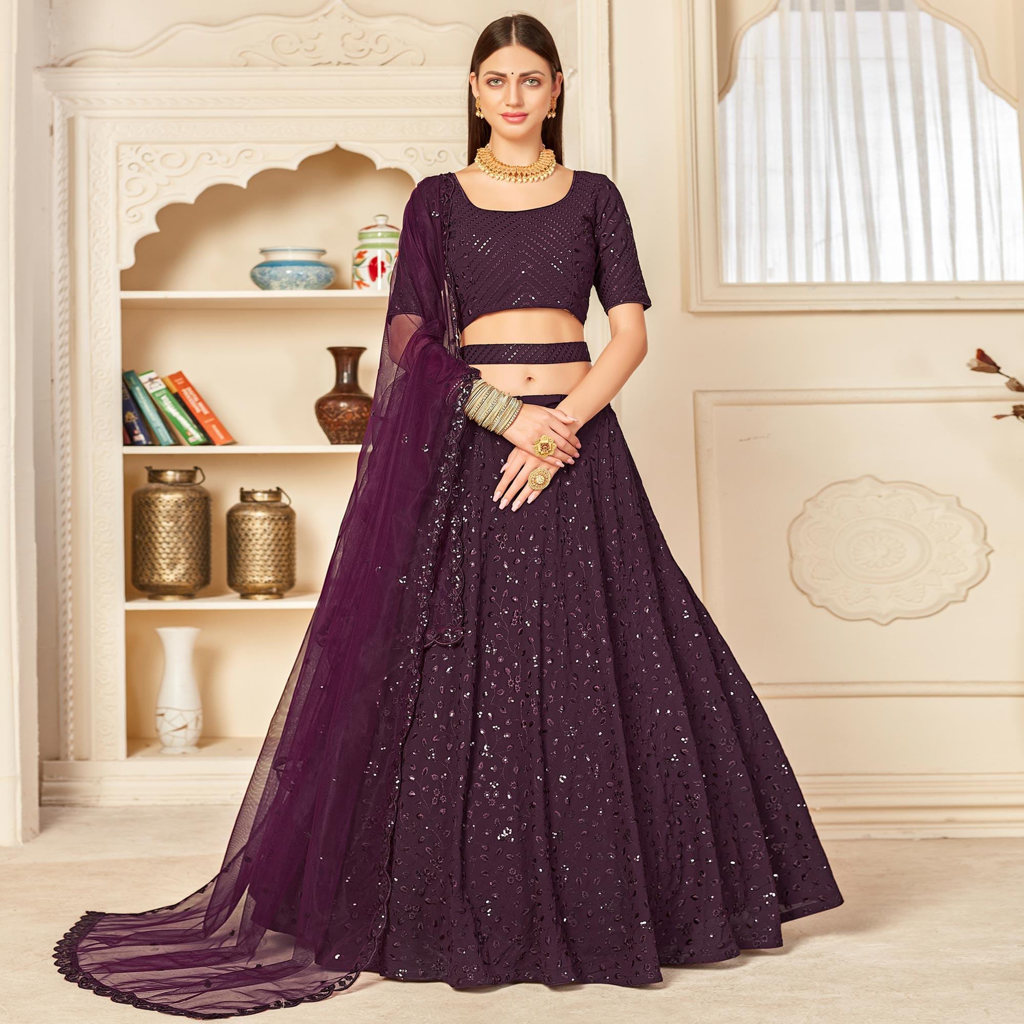 Purple Festive Wear Thread with Sequence Embroidered Georgette Lehenga Choli - Peachmode