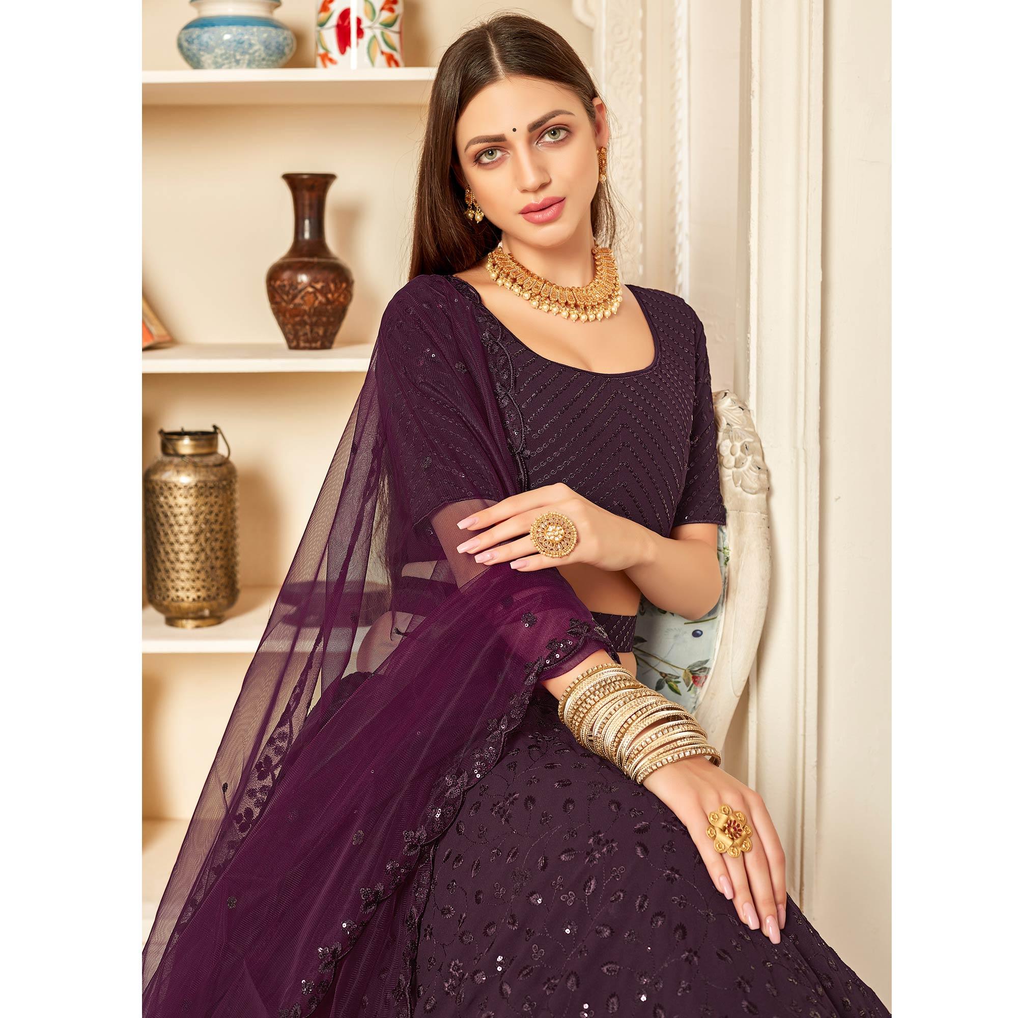Purple Festive Wear Thread with Sequence Embroidered Georgette Lehenga Choli - Peachmode