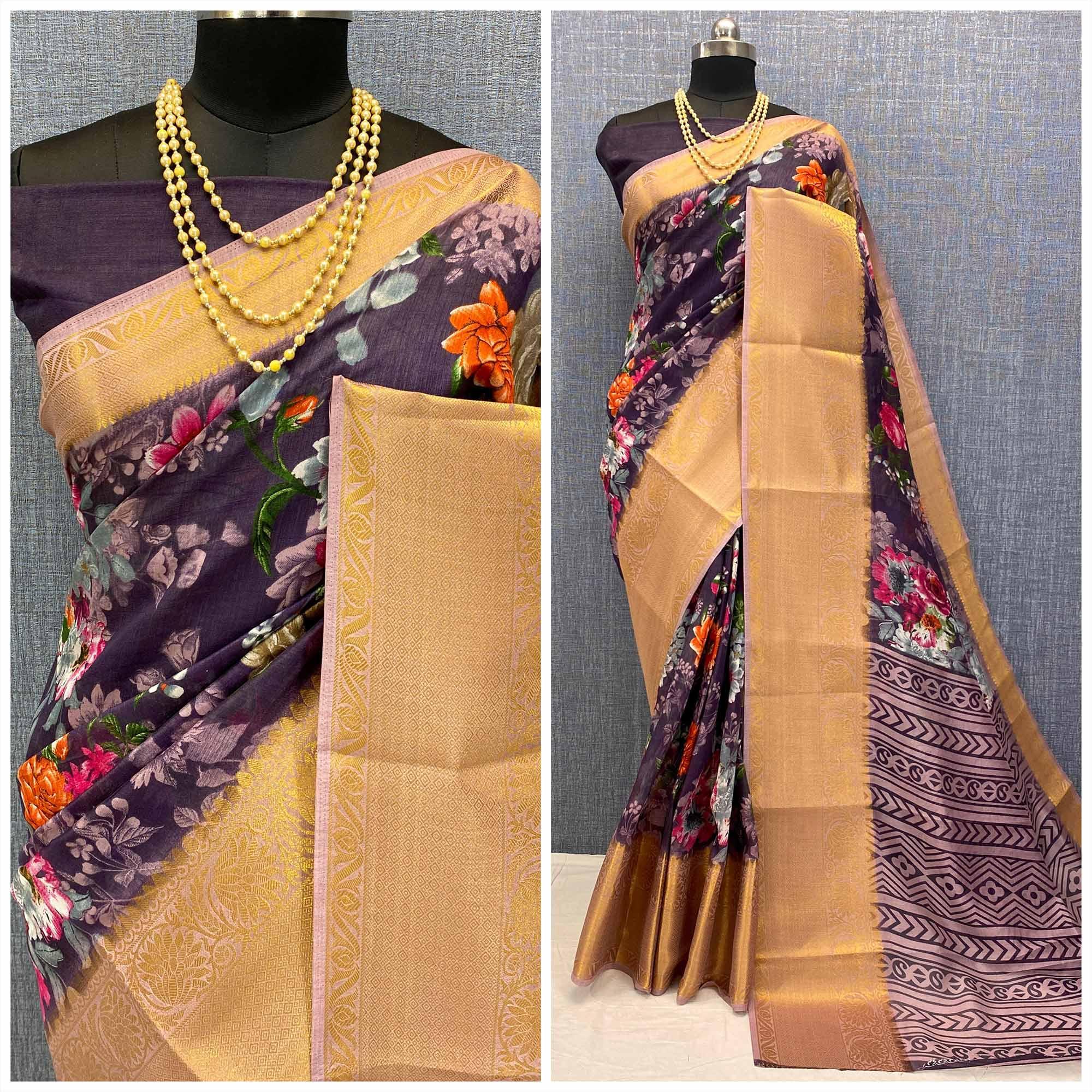 Purple Festive Wear Woven & Printed Chanderi Silk Saree - Peachmode