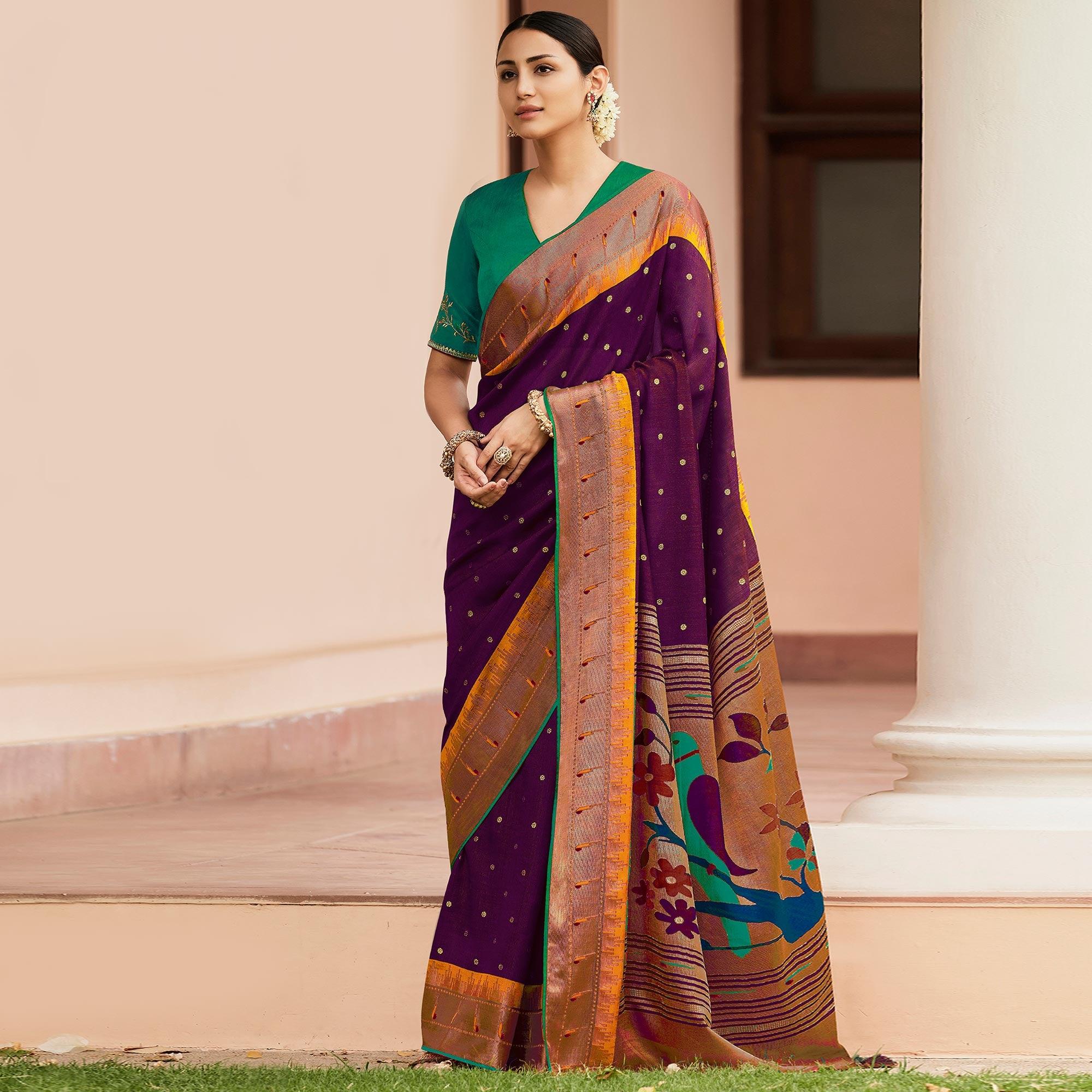 Purple Festive Wear Woven & Printed Paithani Silk Saree - Peachmode
