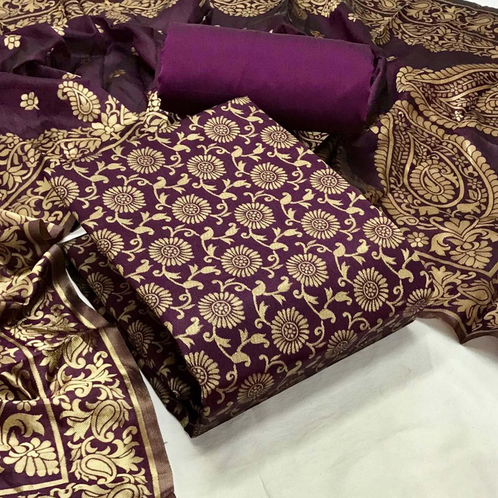 Purple Festive Wear Woven Banarasi Silk Dress Material - Peachmode