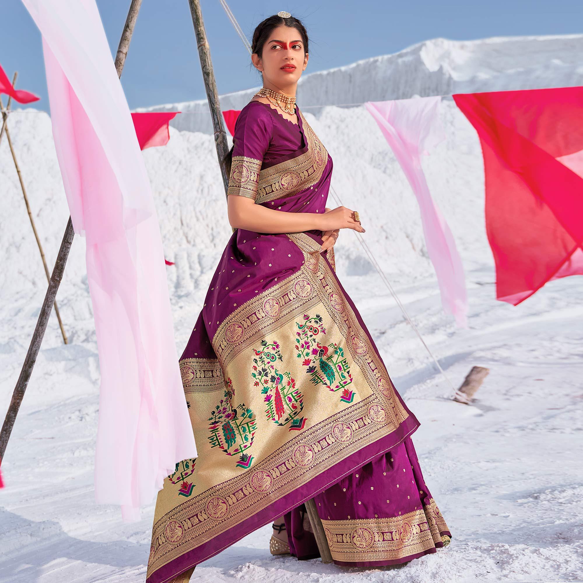 Purple Festive Wear Woven Banarasi Silk Paithani Saree - Peachmode