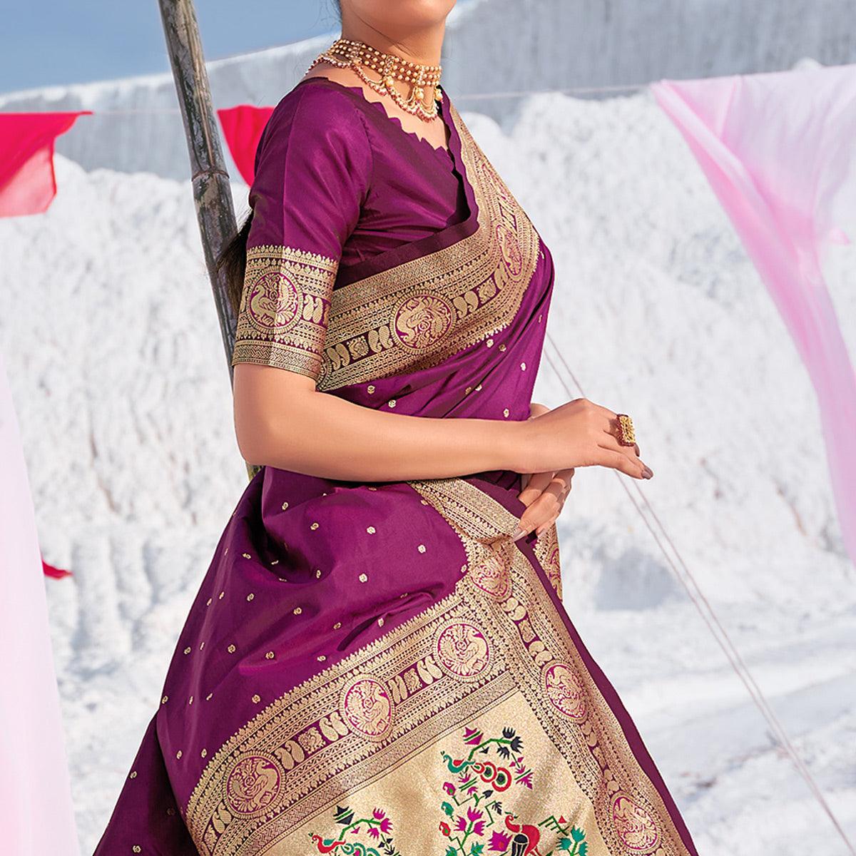 Purple Festive Wear Woven Banarasi Silk Paithani Saree - Peachmode