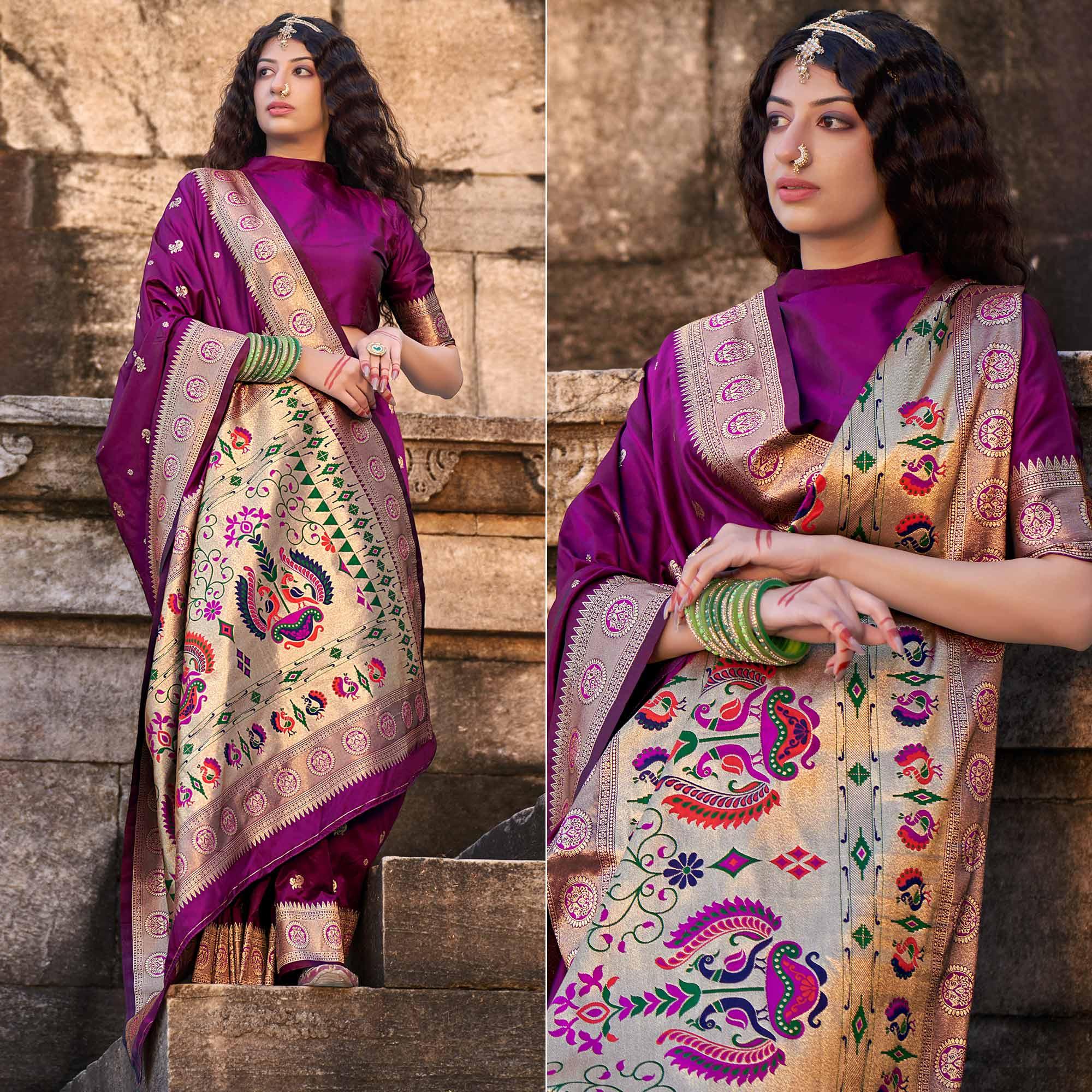 Purple Festive Wear Woven Banarasi Silk Saree - Peachmode