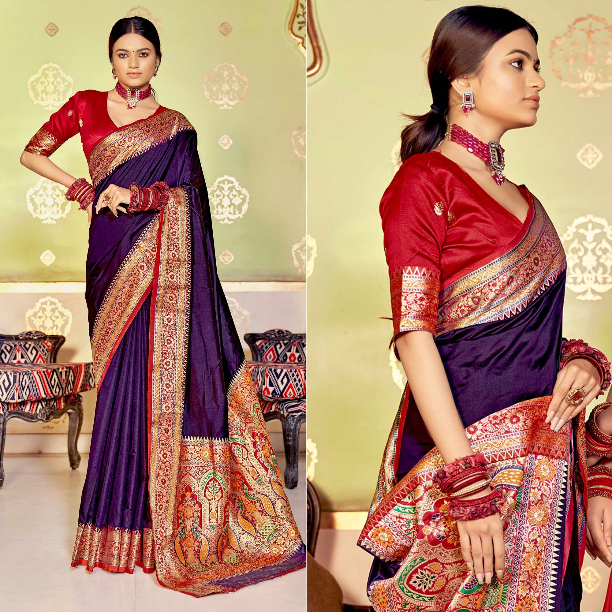 Purple Festive Wear Woven Banarasi Silk Saree - Peachmode