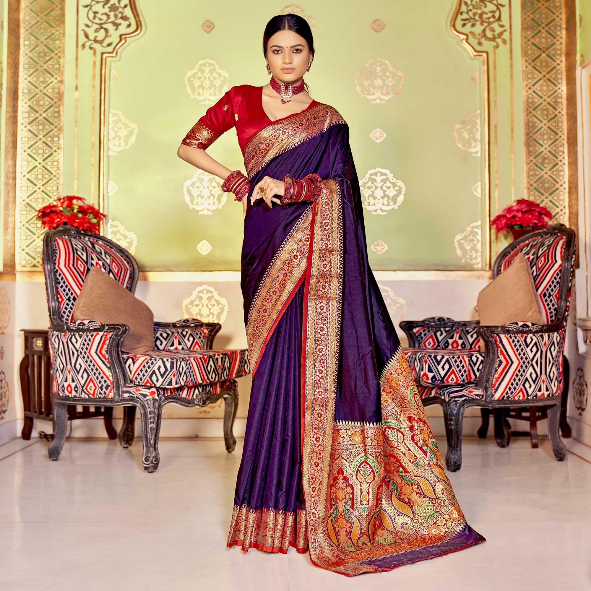 Purple Festive Wear Woven Banarasi Silk Saree - Peachmode