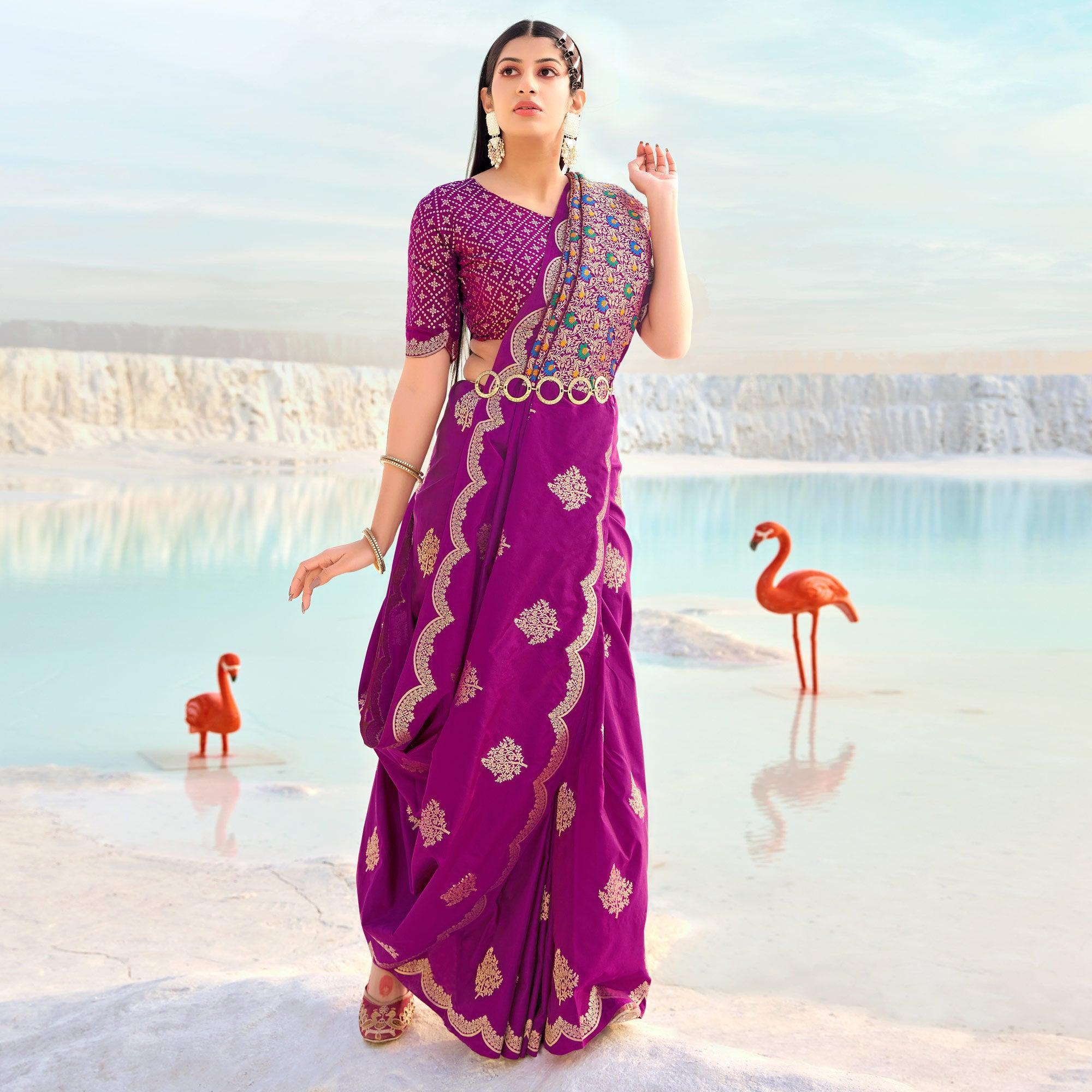 Purple Festive Wear Woven Banarasi Soft Silk Saree - Peachmode