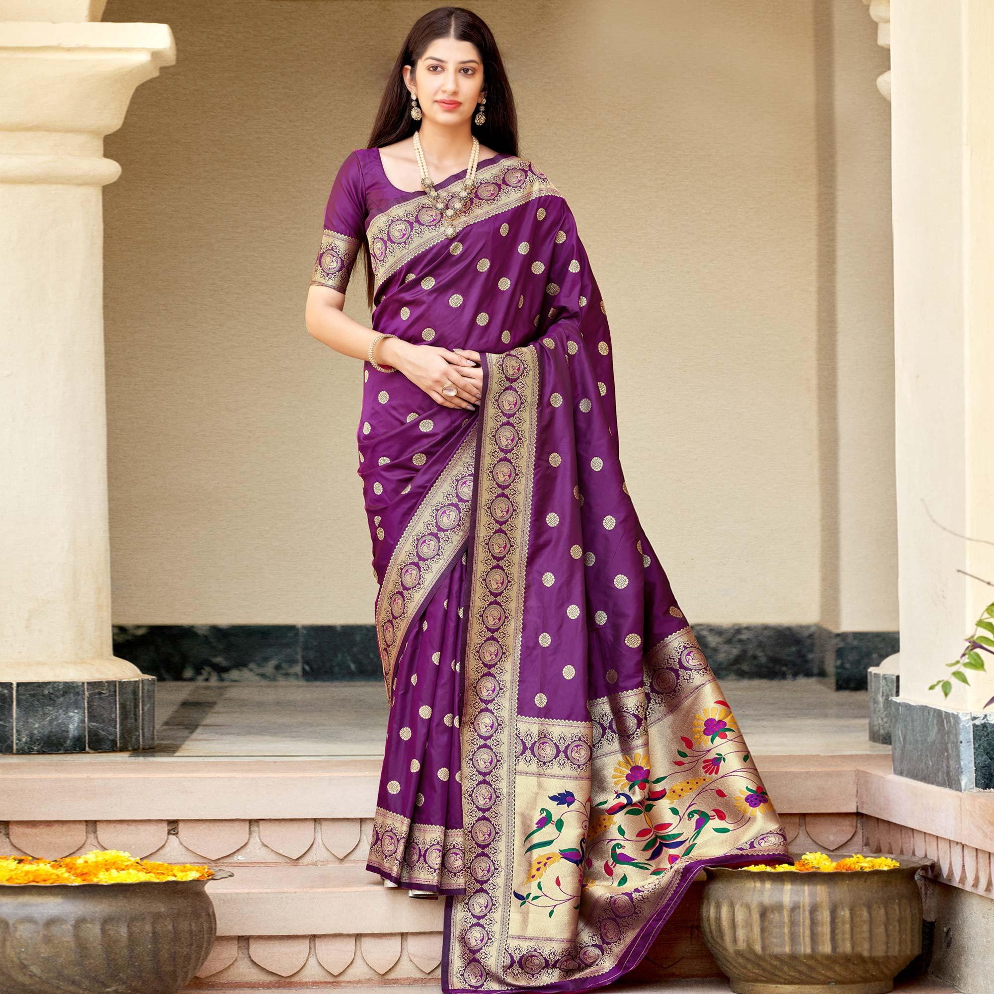 Purple Festive Wear Woven Banarasi Soft Silk Saree - Peachmode