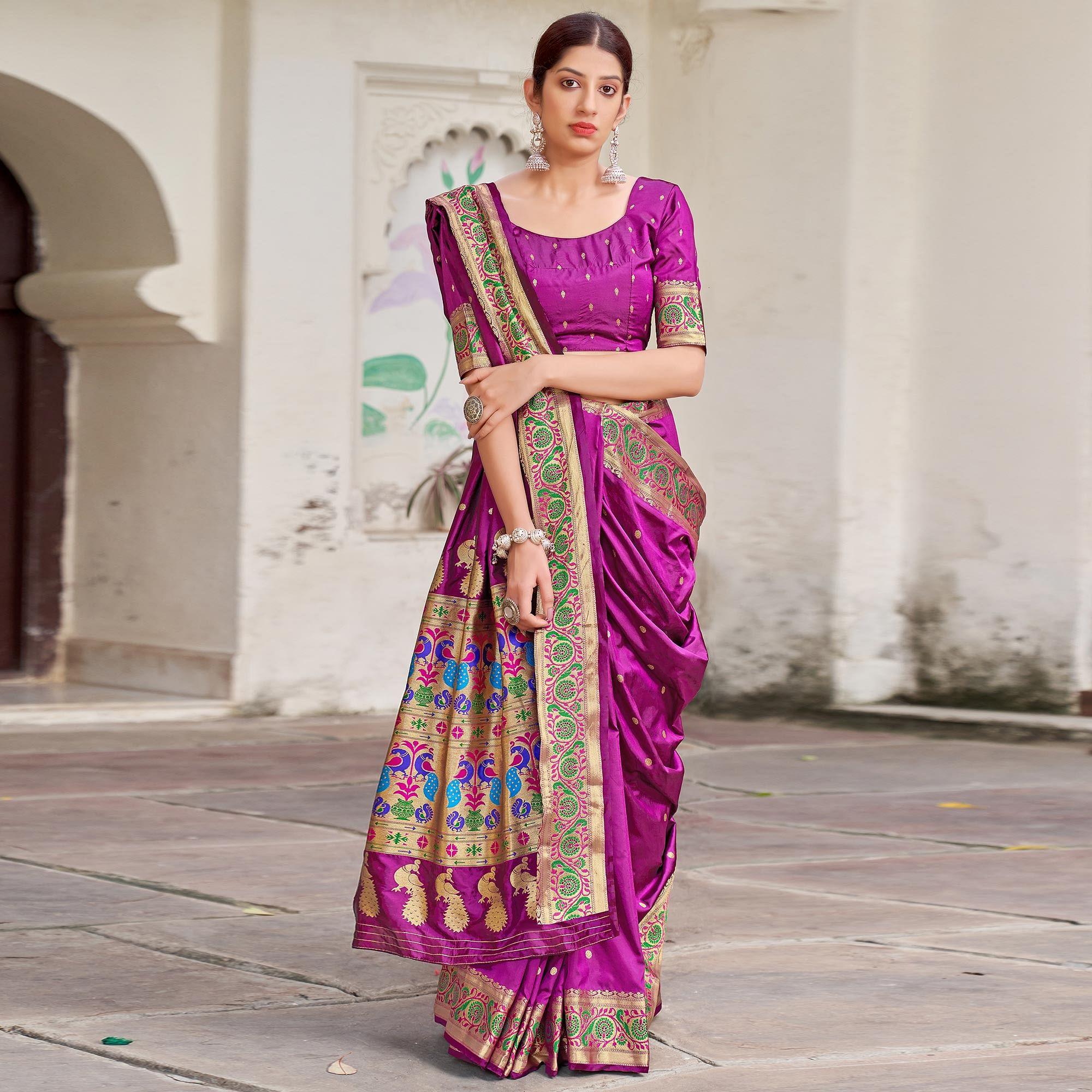 Purple Festive Wear Woven Banarasi Soft Silk Saree - Peachmode