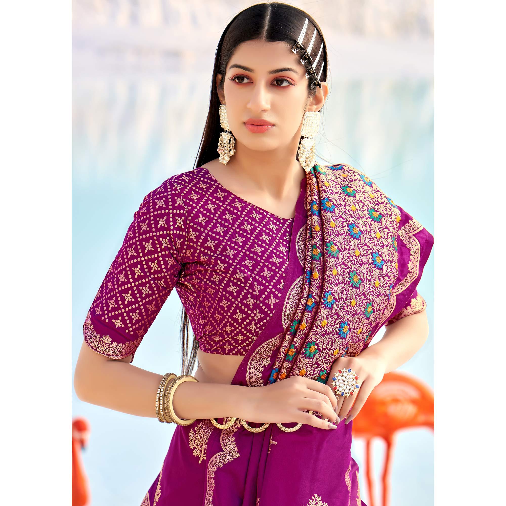 Purple Festive Wear Woven Banarasi Soft Silk Saree - Peachmode